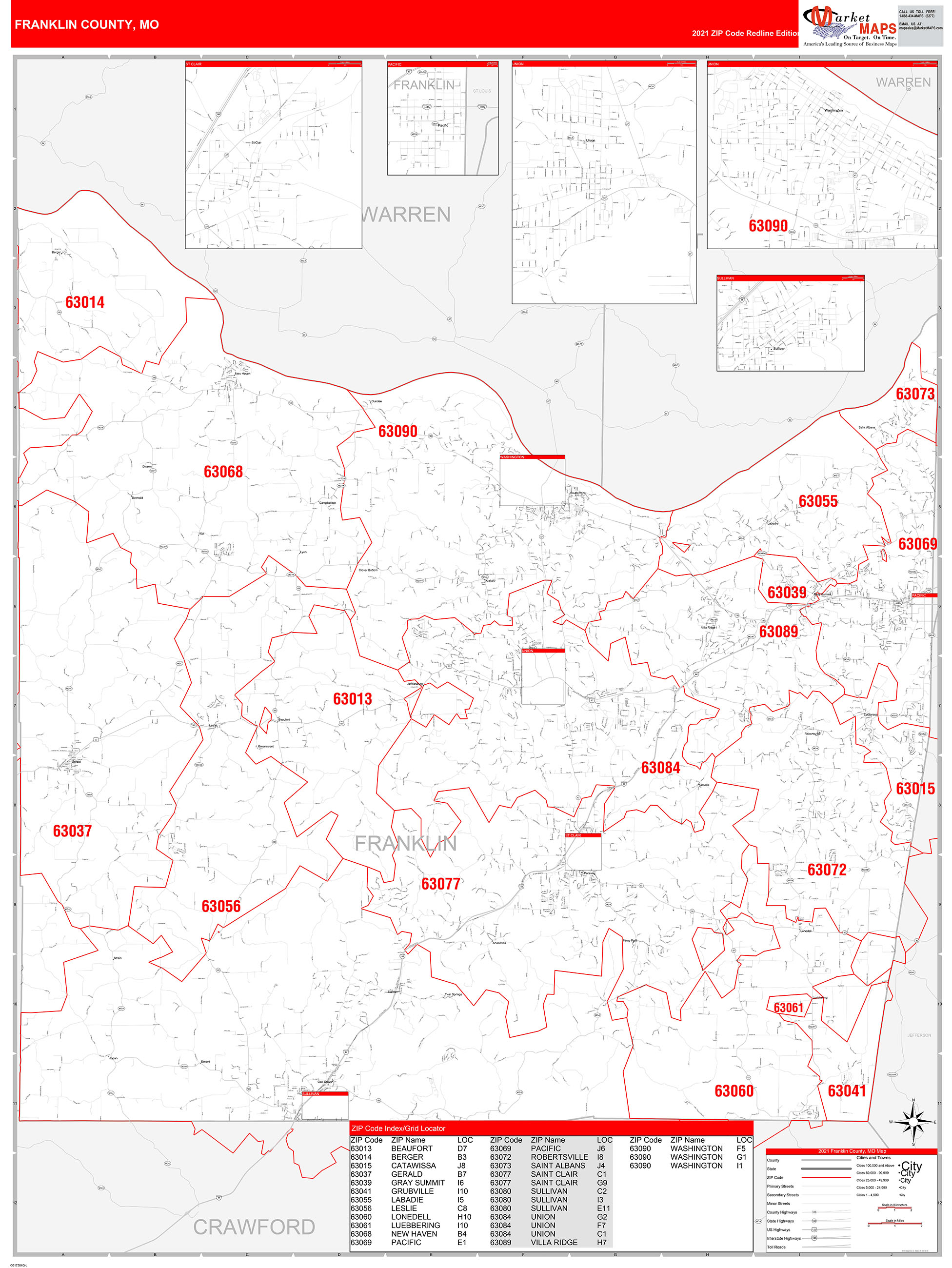 Franklin County Mo Zip Code Wall Map Red Line Style By Marketmaps Mapsales 6407