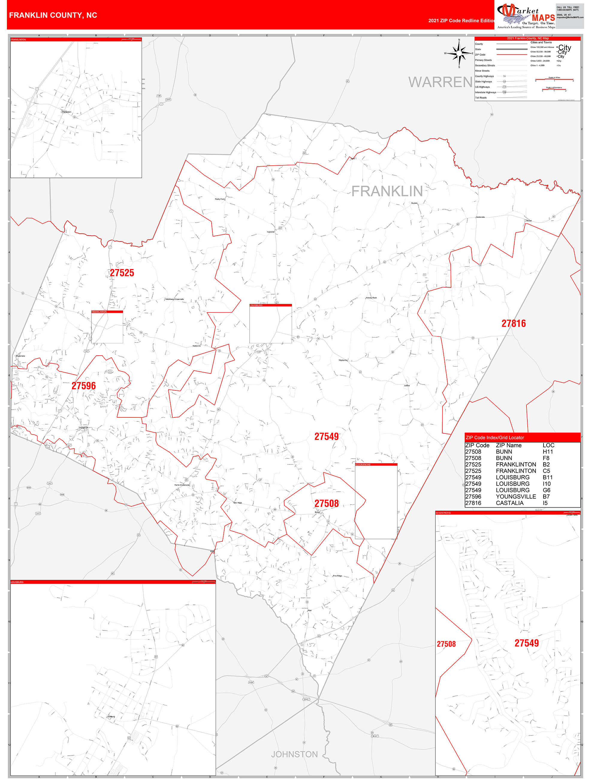 Franklin County Nc Zip Code Wall Map Red Line Style By Marketmaps