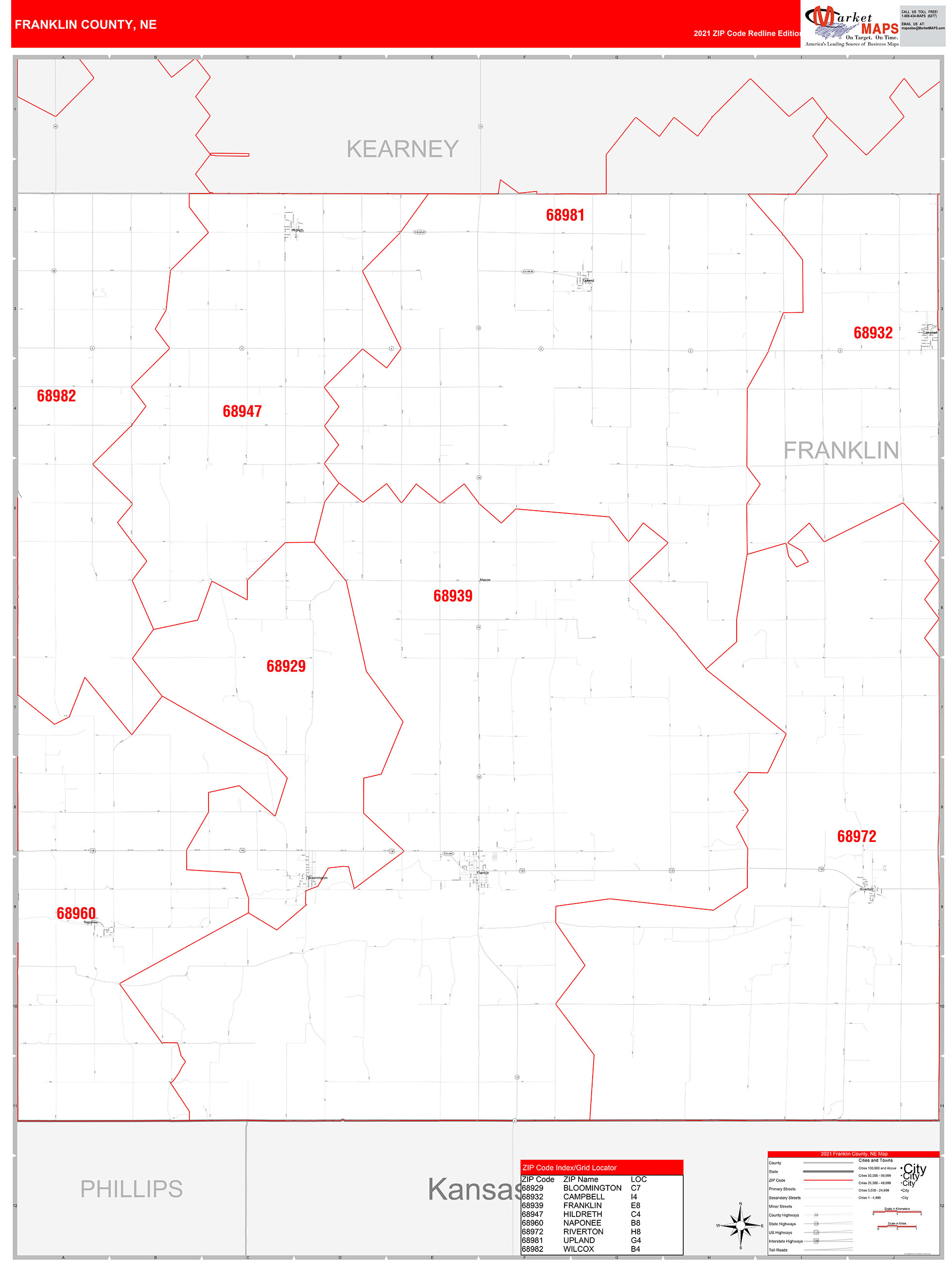 Franklin County Ne Zip Code Wall Map Red Line Style By Marketmaps Mapsales 0006