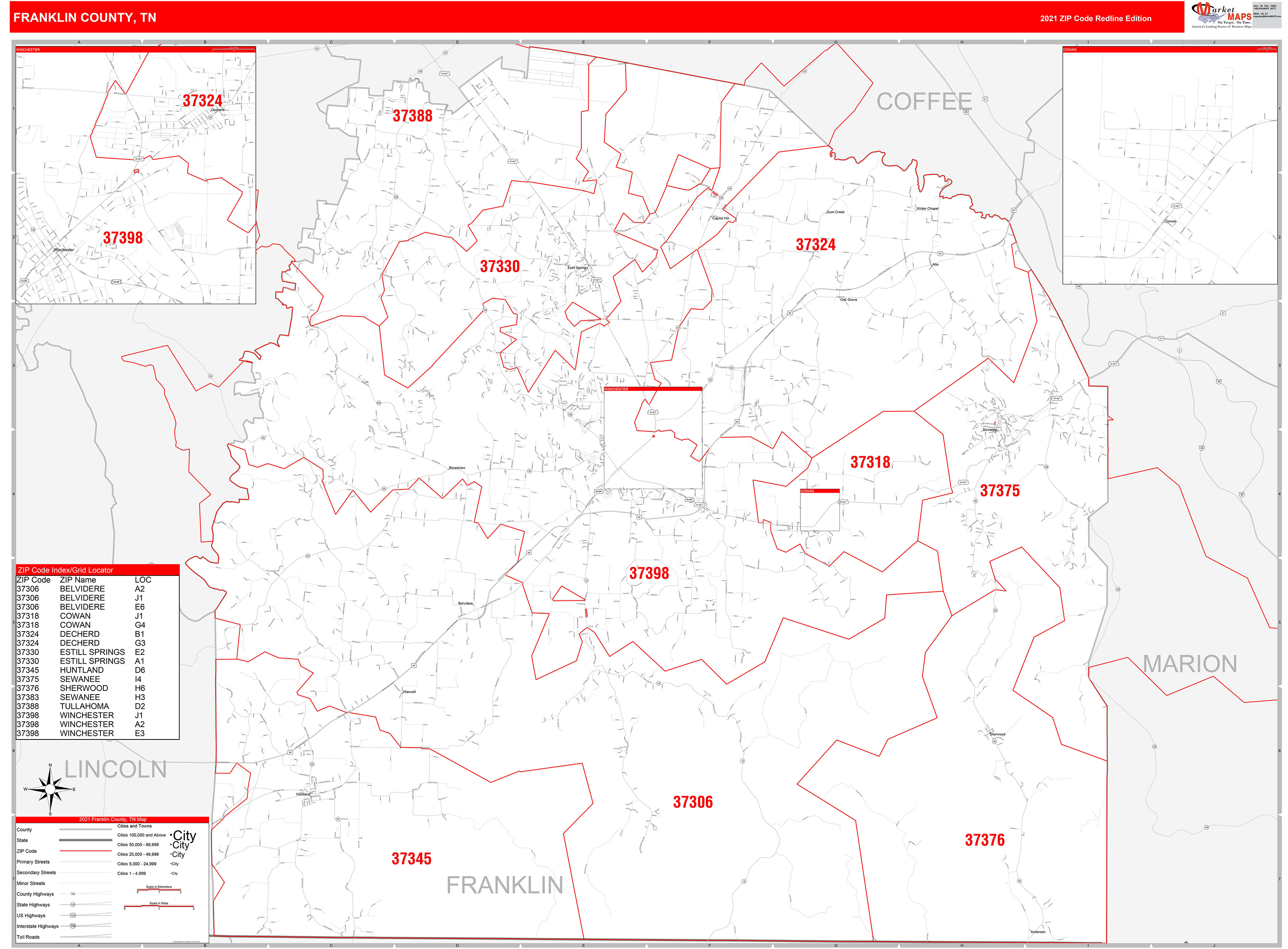 Franklin County, TN Zip Code Wall Map Red Line Style by MarketMAPS ...