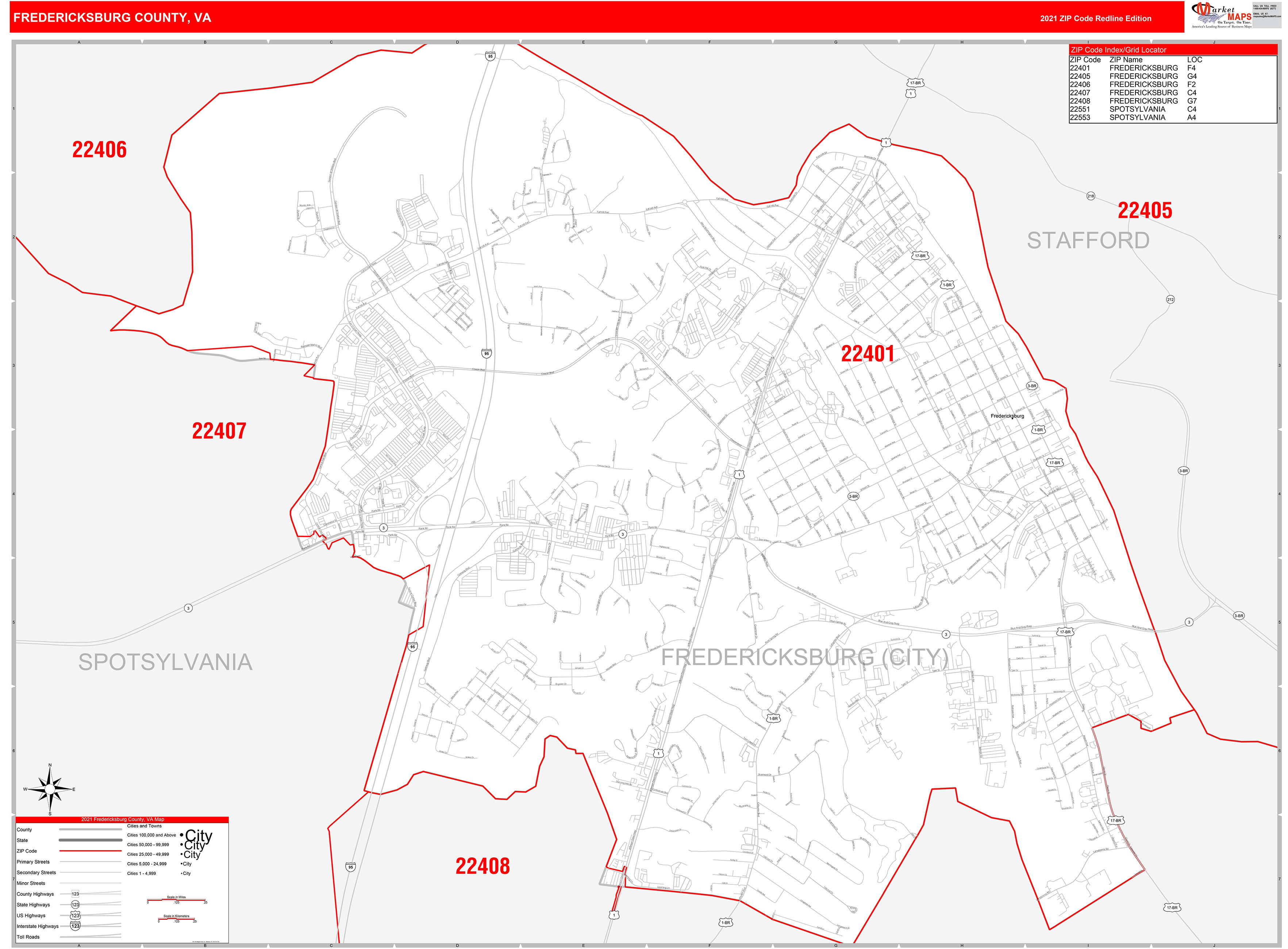 Fredericksburg County, VA Zip Code Wall Map Red Line Style by