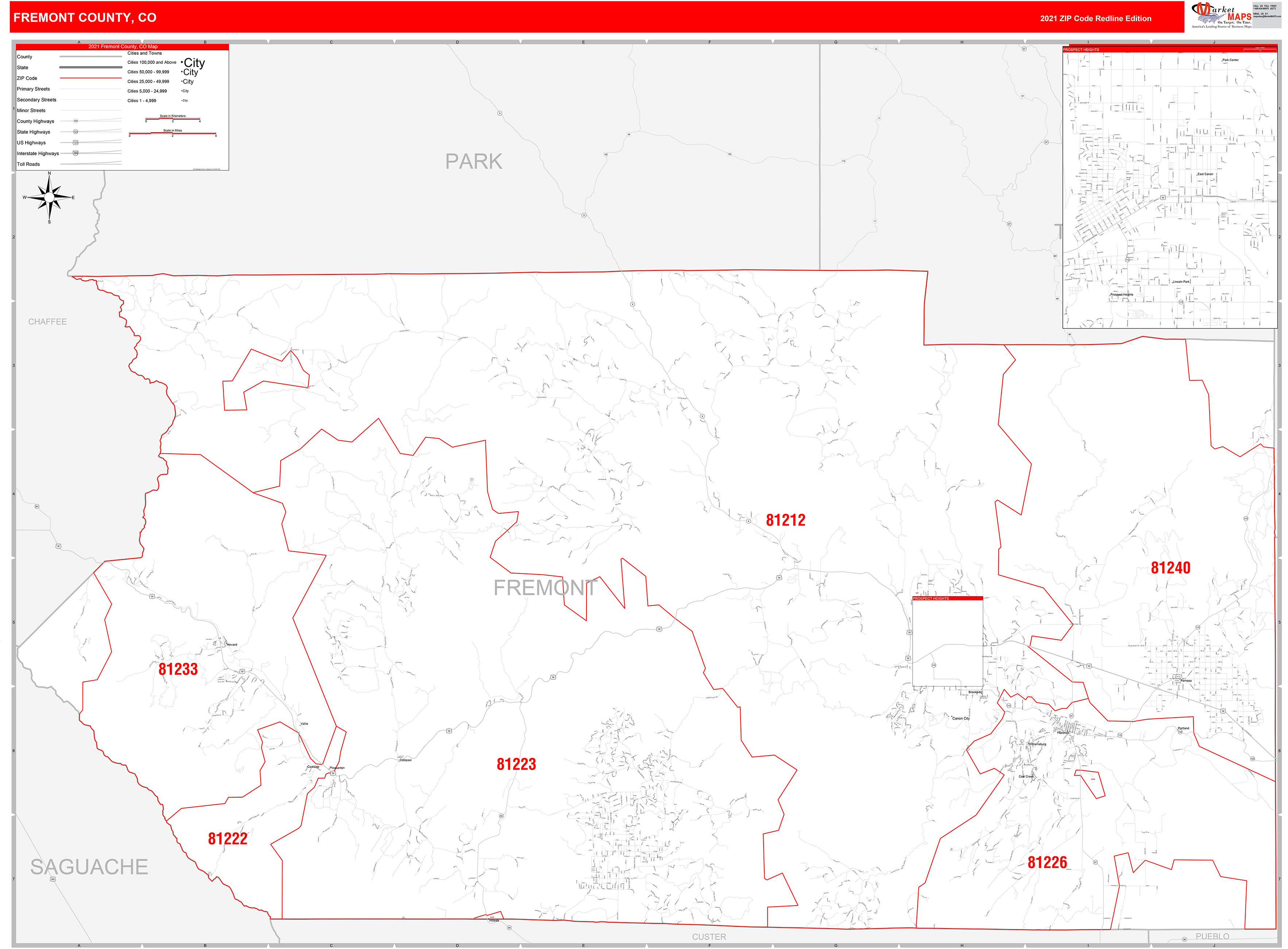 Fremont County, CO Zip Code Wall Map Red Line Style by MarketMAPS