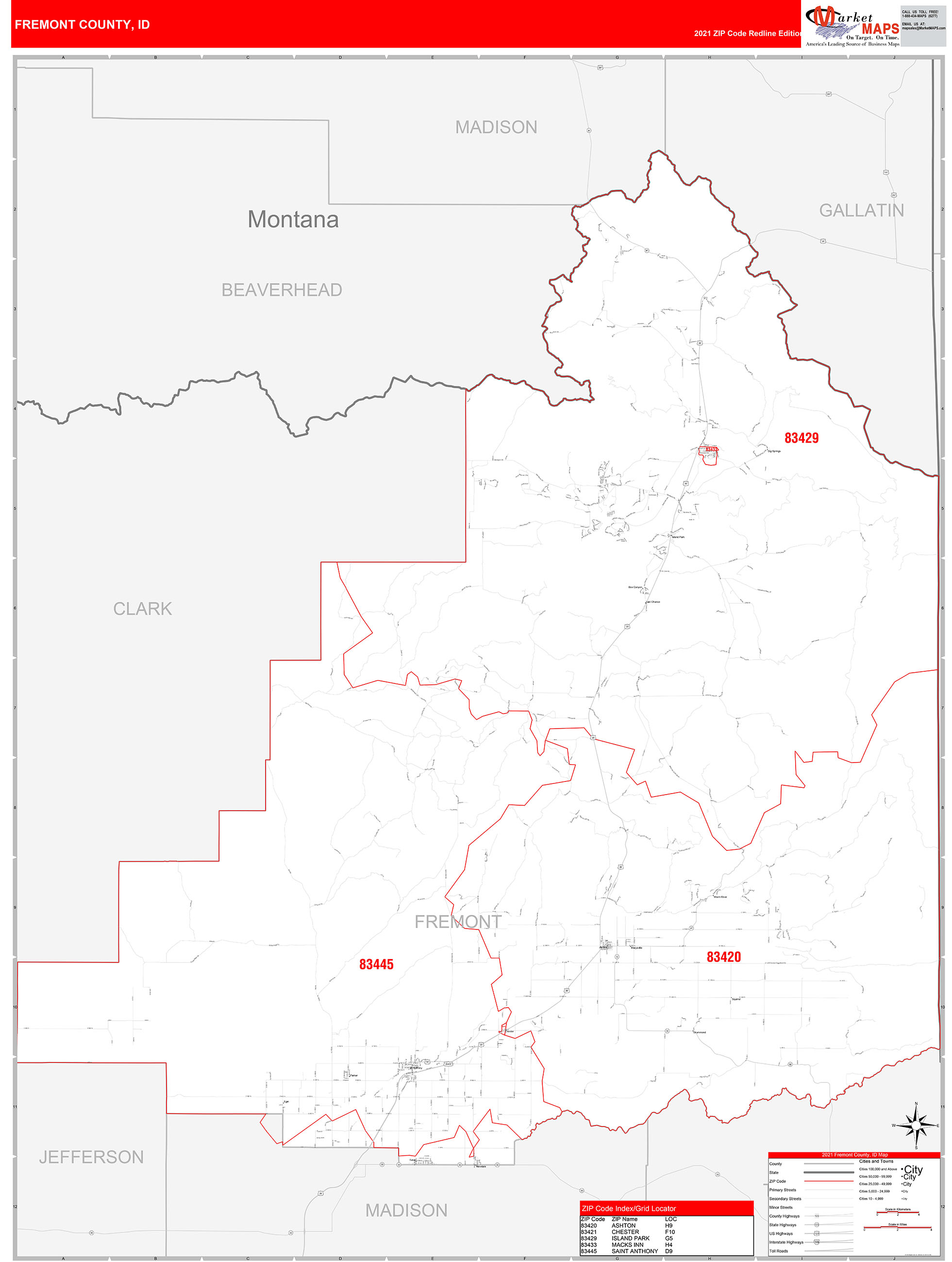 Fremont County, ID Zip Code Wall Map Red Line Style by MarketMAPS 