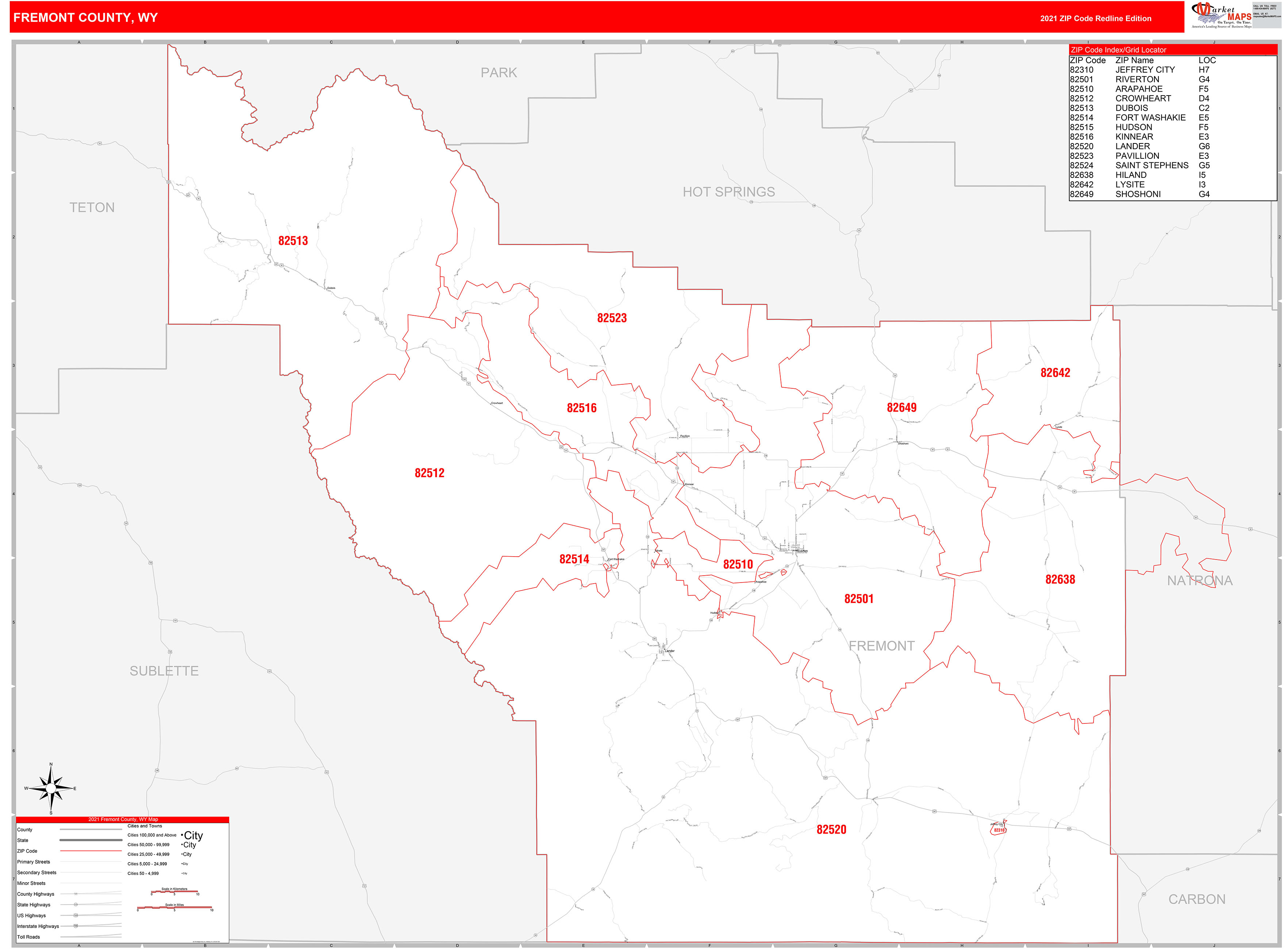 Fremont County, WY Zip Code Wall Map Red Line Style by MarketMAPS