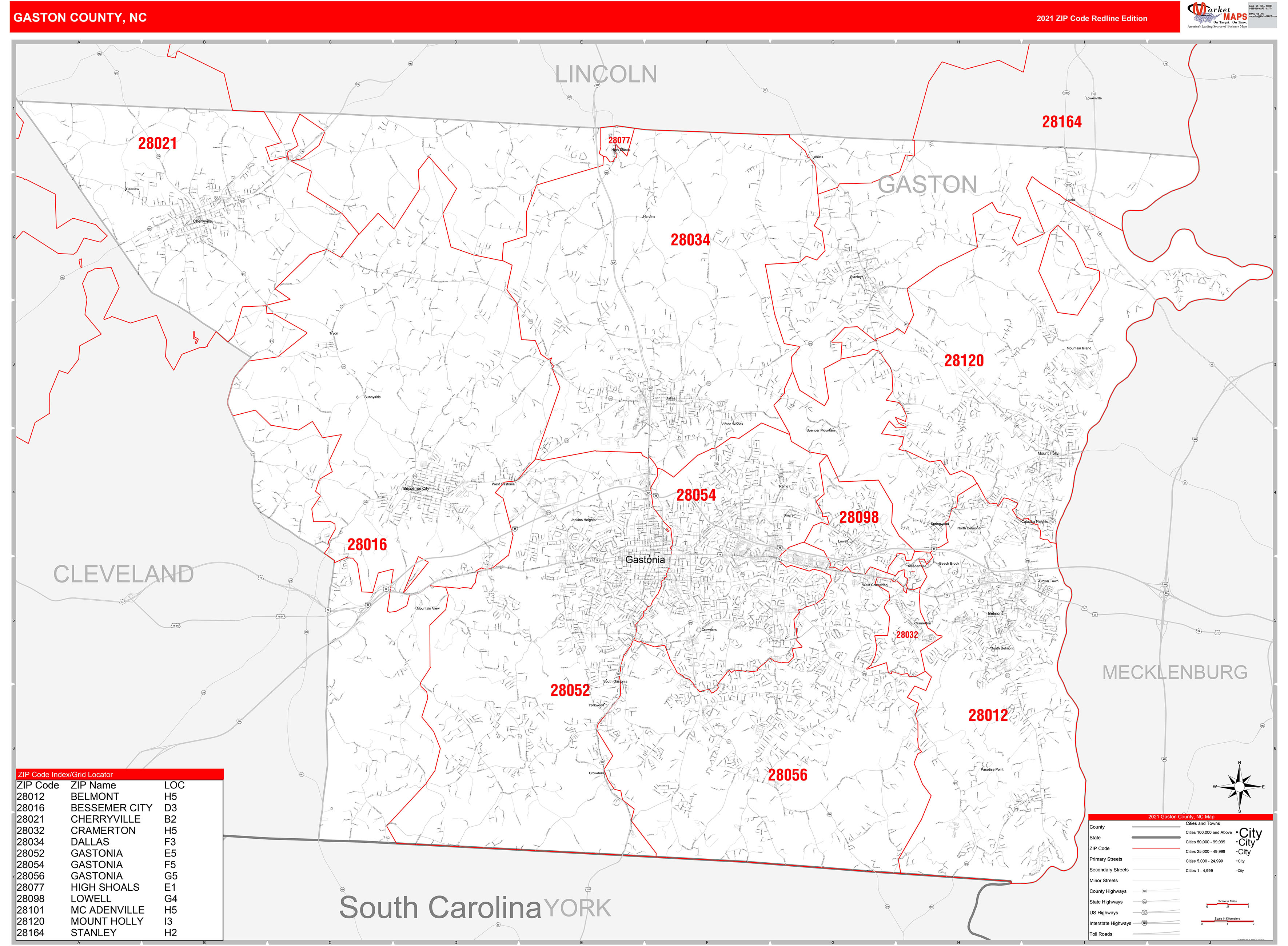 Gaston County, NC Zip Code Wall Map Red Line Style by MarketMAPS