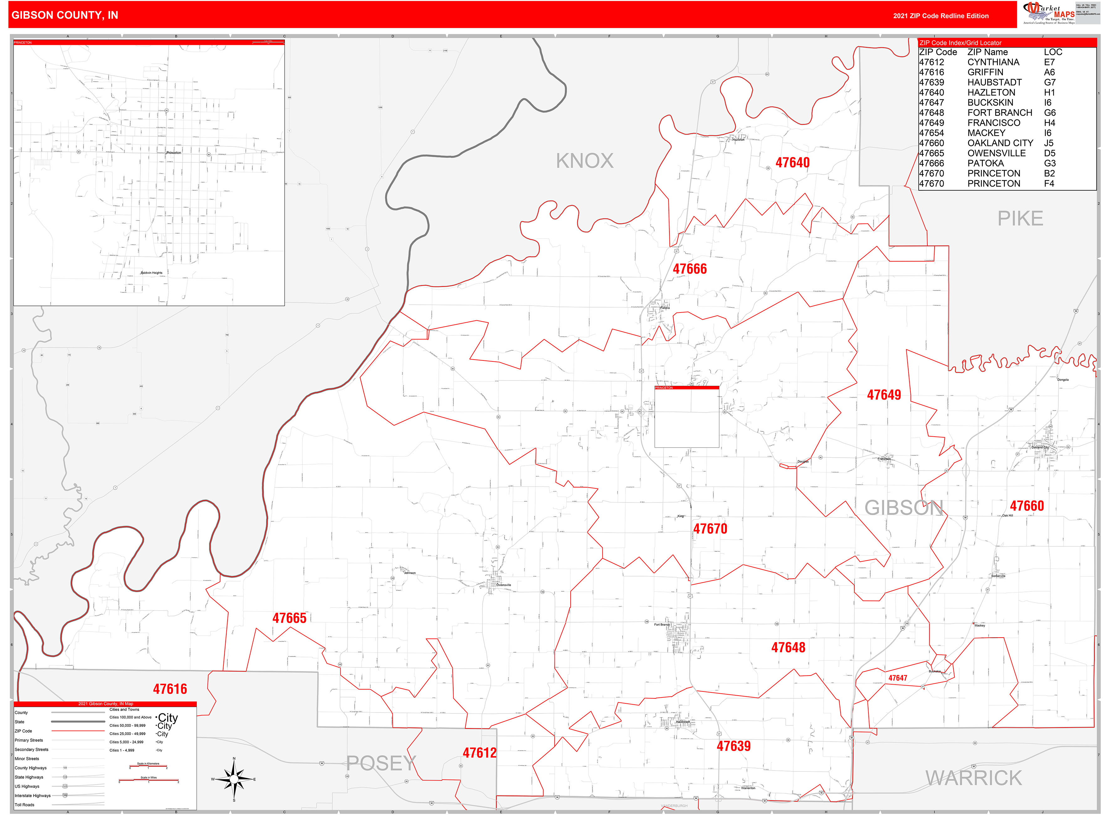 Gibson County In Zip Code Wall Map Red Line Style By Marketmaps Mapsales 1735