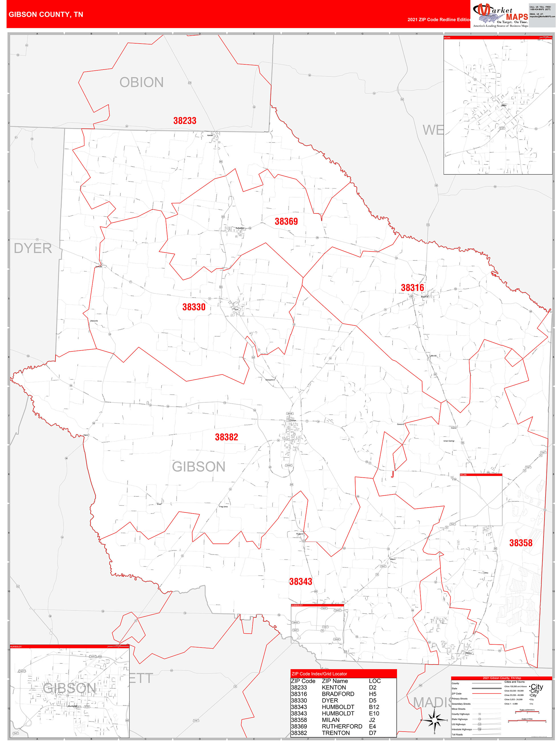 Gibson County, TN Zip Code Wall Map Red Line Style by MarketMAPS - MapSales