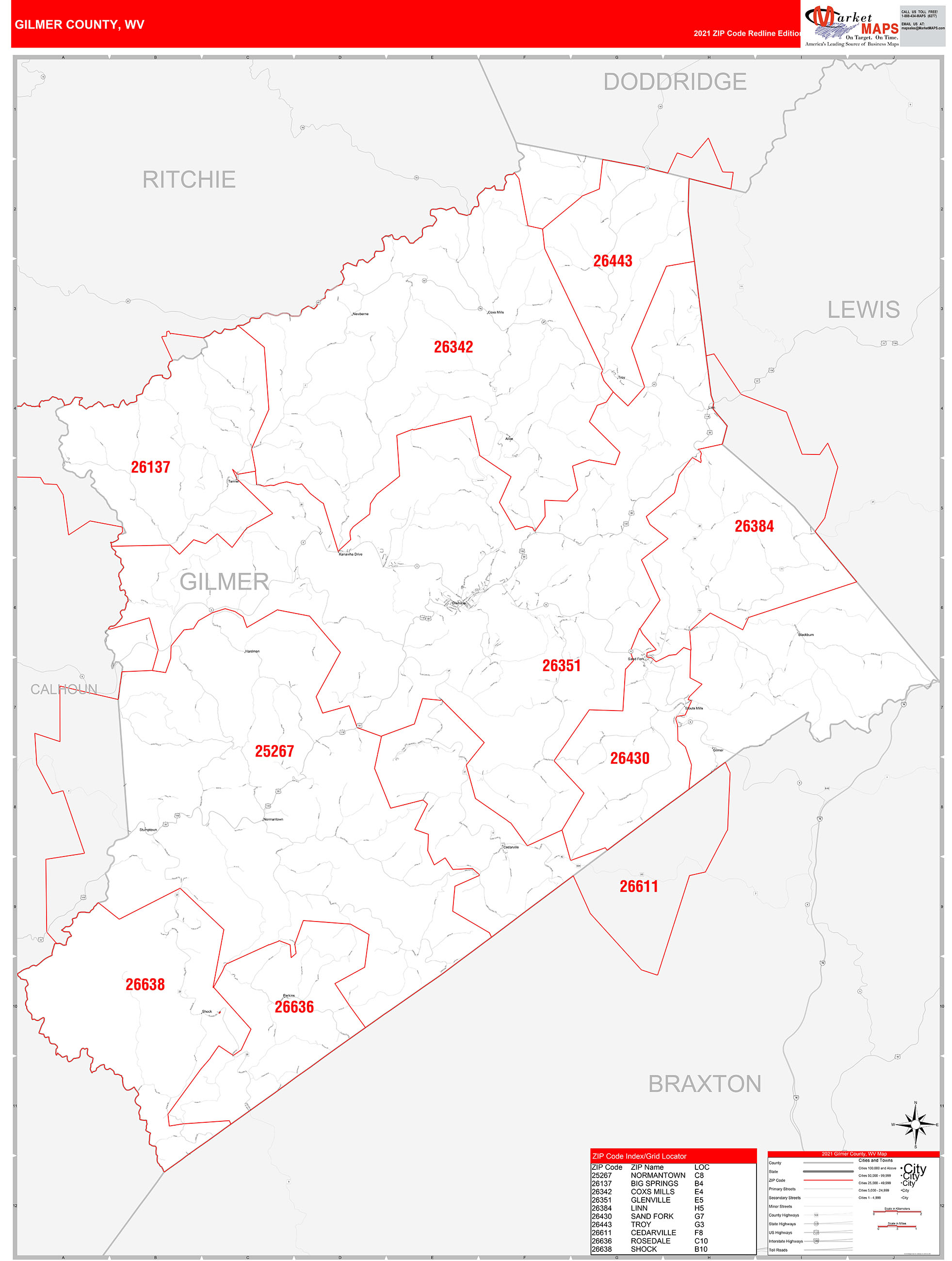 Gilmer County Wv Zip Code Wall Map Red Line Style By Marketmaps 3930