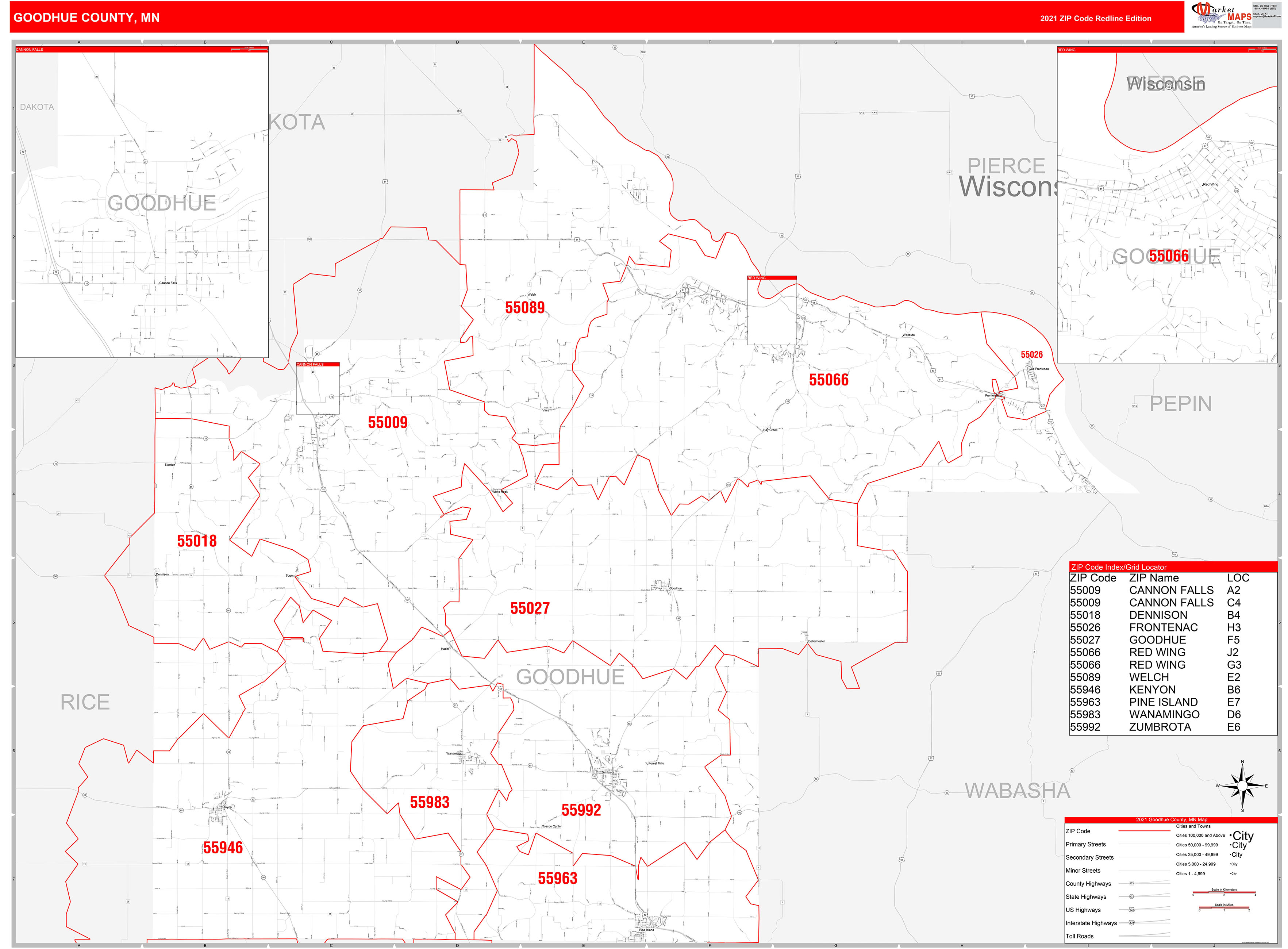 Goodhue County, MN Zip Code Wall Map Red Line Style by MarketMAPS ...