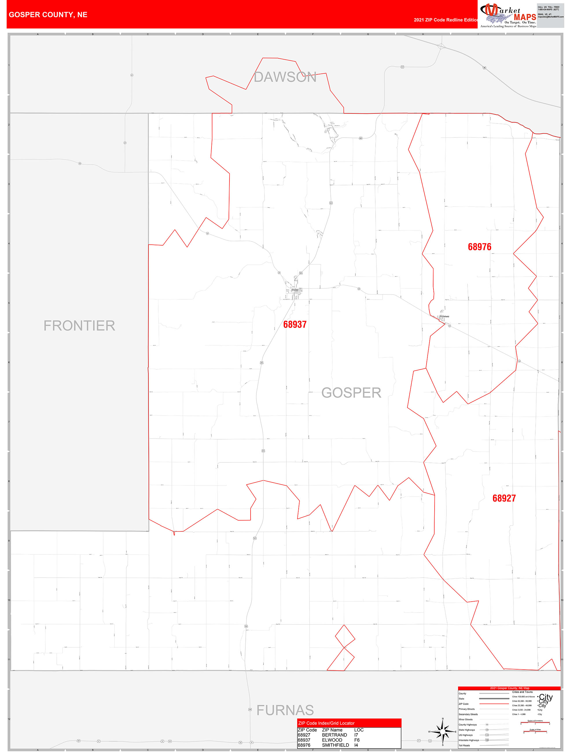 Gosper County, Ne Zip Code Wall Map Red Line Style By Marketmaps - Mapsales