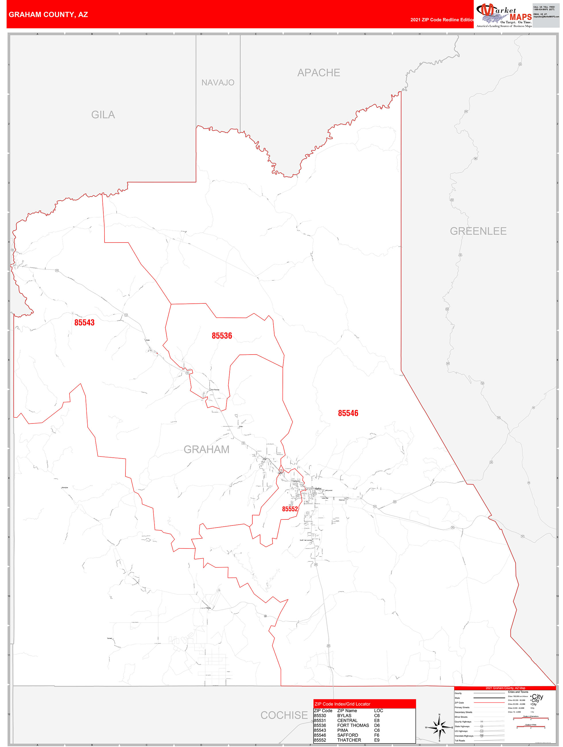 Graham County, AZ Zip Code Wall Map Red Line Style by MarketMAPS ...