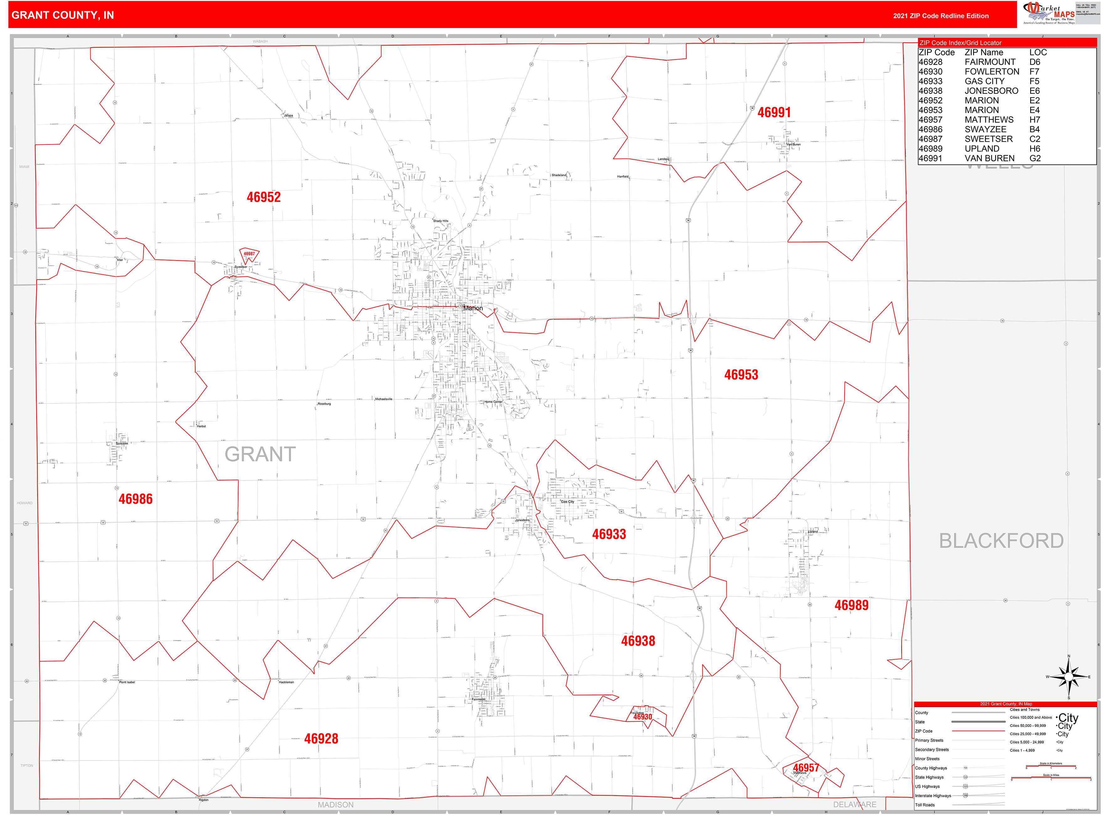 Grant County, IN Zip Code Wall Map Red Line Style by MarketMAPS MapSales