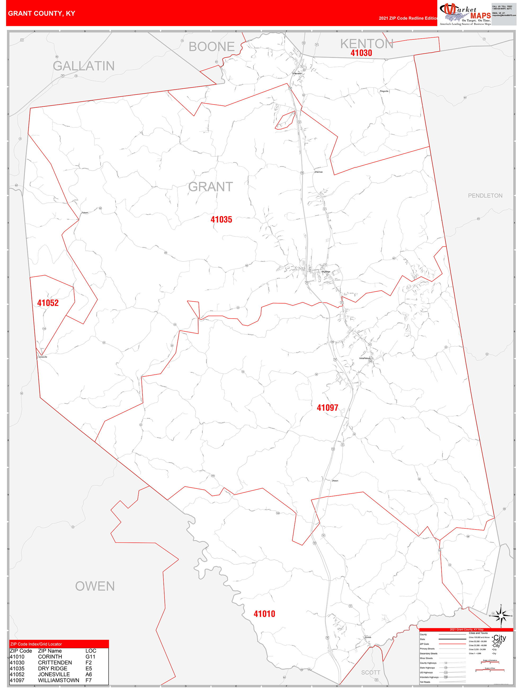 Grant County, KY Zip Code Wall Map Red Line Style by MarketMAPS