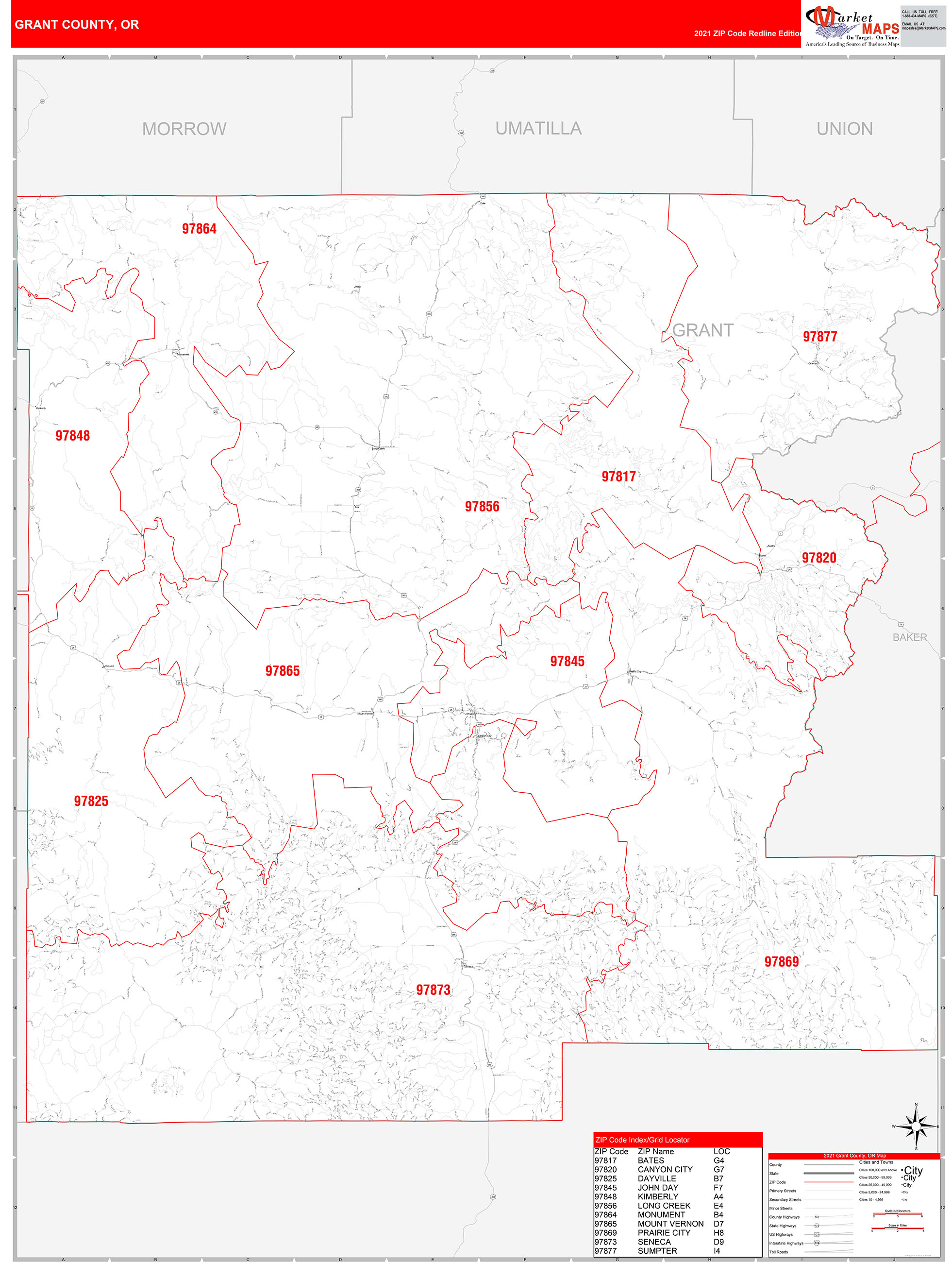 Grant County, OR Zip Code Wall Map Red Line Style by MarketMAPS