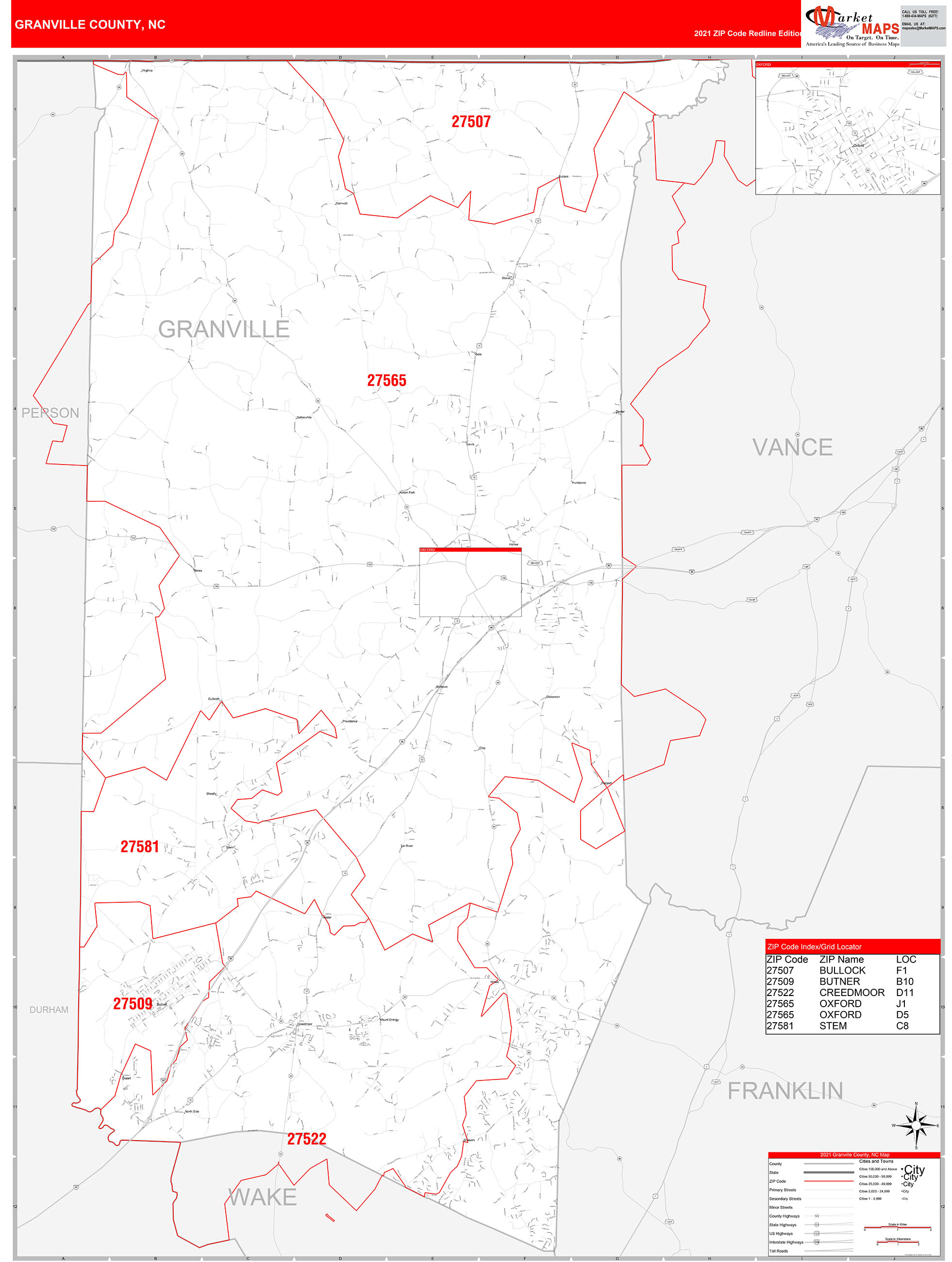 Granville County, NC Zip Code Wall Map Red Line Style by MarketMAPS ...