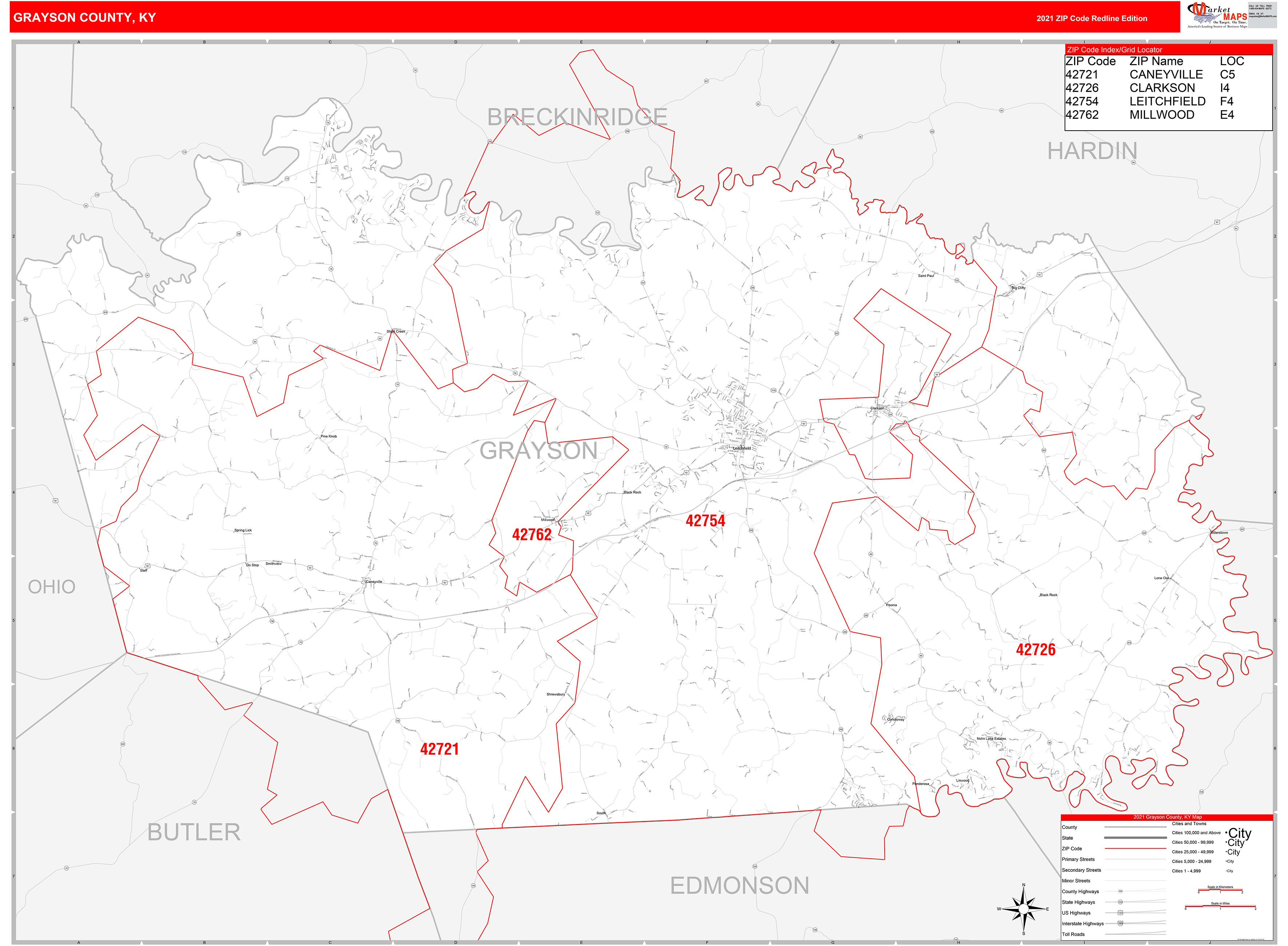 Grayson County Ky Zip Code Wall Map Red Line Style By Marketmaps Mapsales 0117