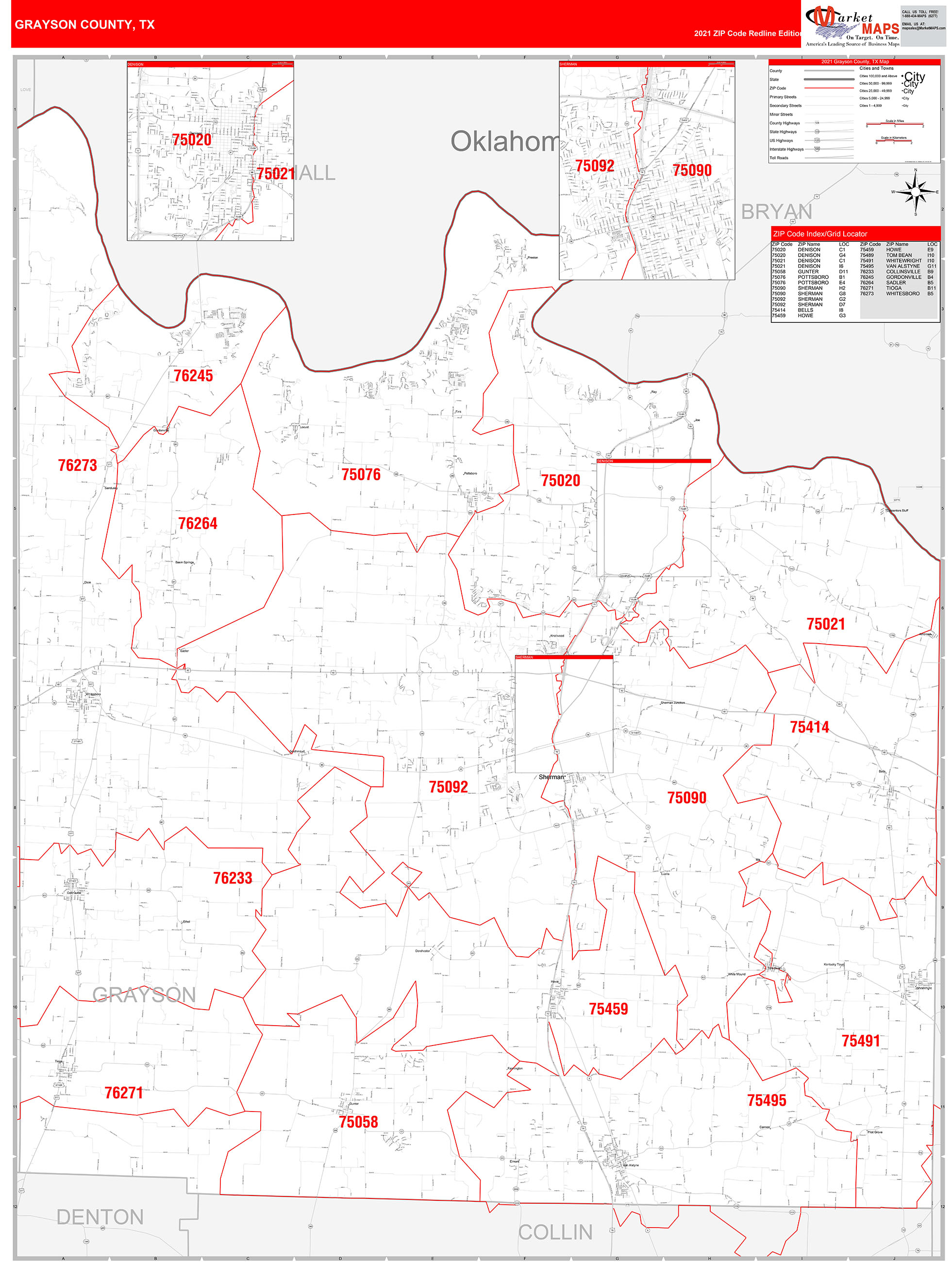 Grayson County, TX Zip Code Wall Map Red Line Style by MarketMAPS