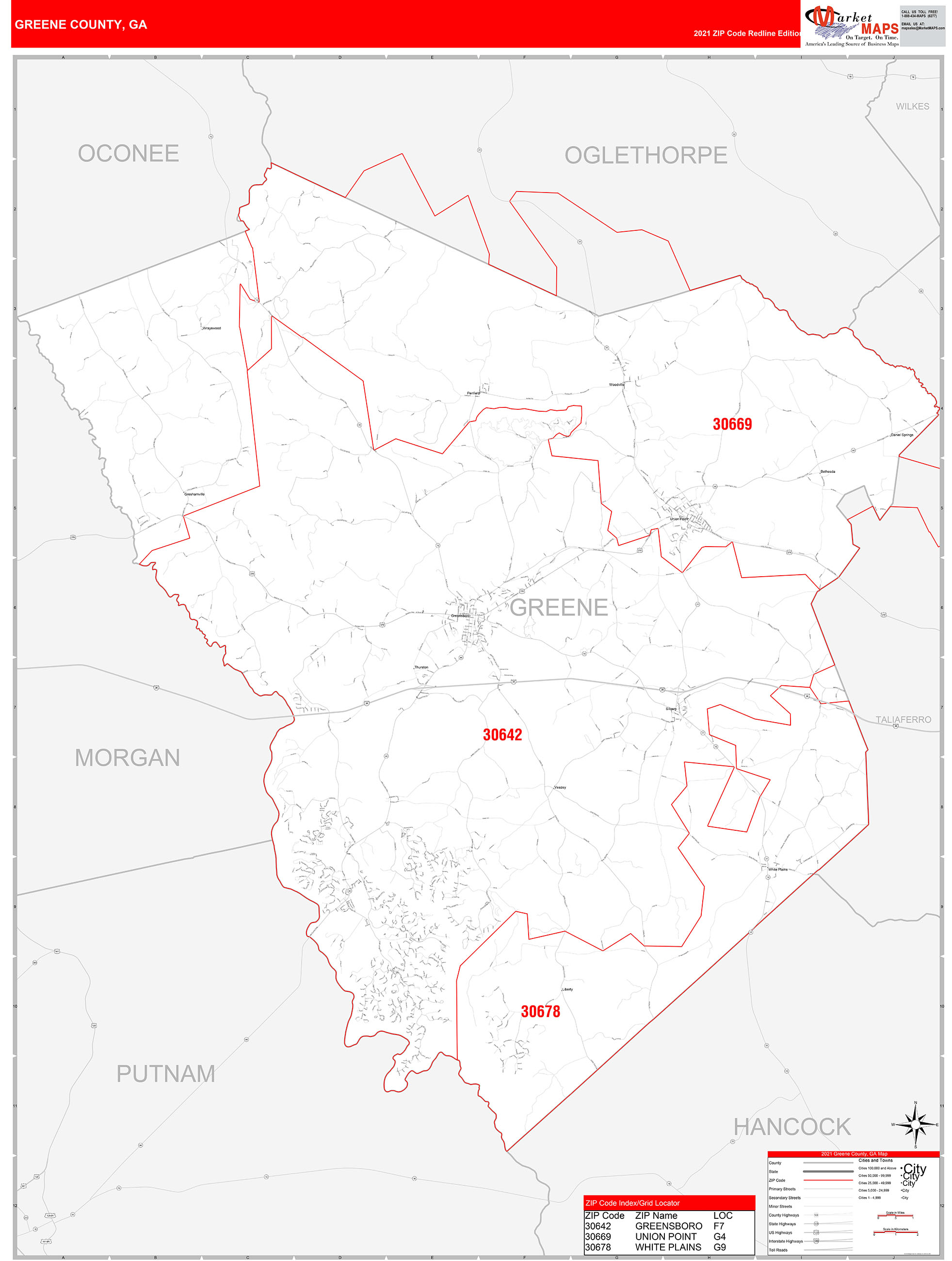 Greene County, GA Zip Code Wall Map Red Line Style by MarketMAPS ...