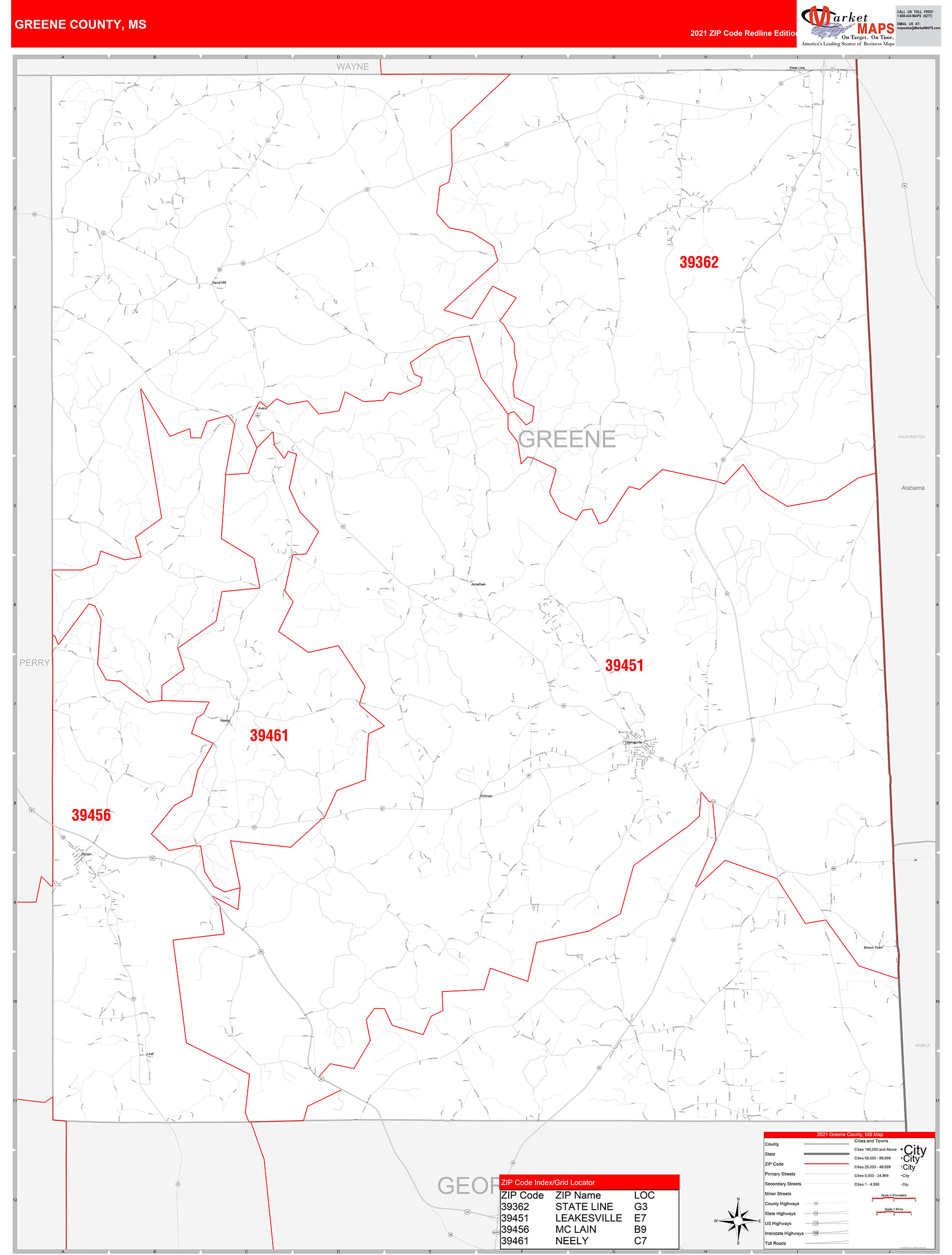 Greene County, MS Zip Code Wall Map Red Line Style by MarketMAPS