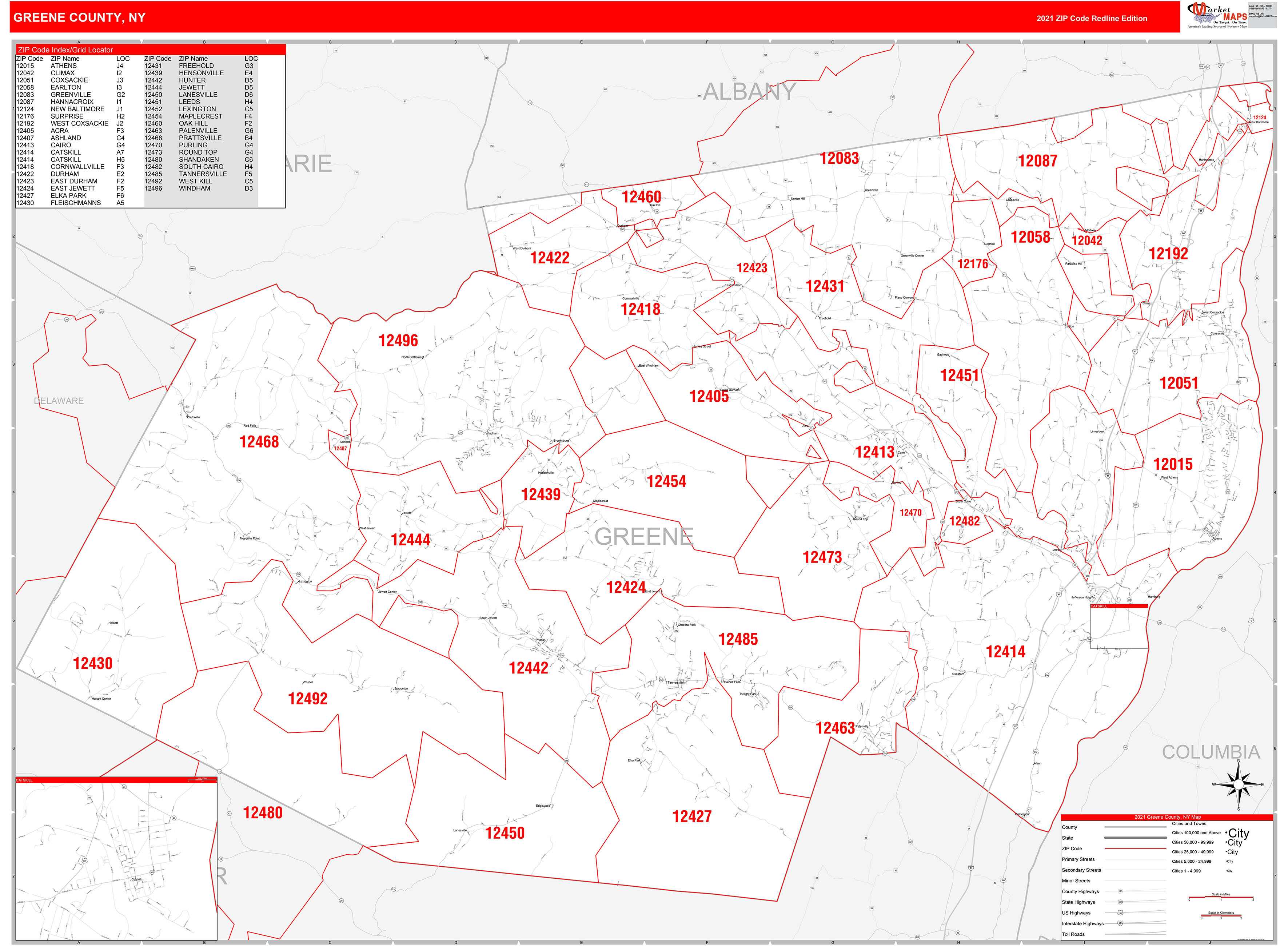 Greene County, NY Zip Code Wall Map Red Line Style by MarketMAPS MapSales