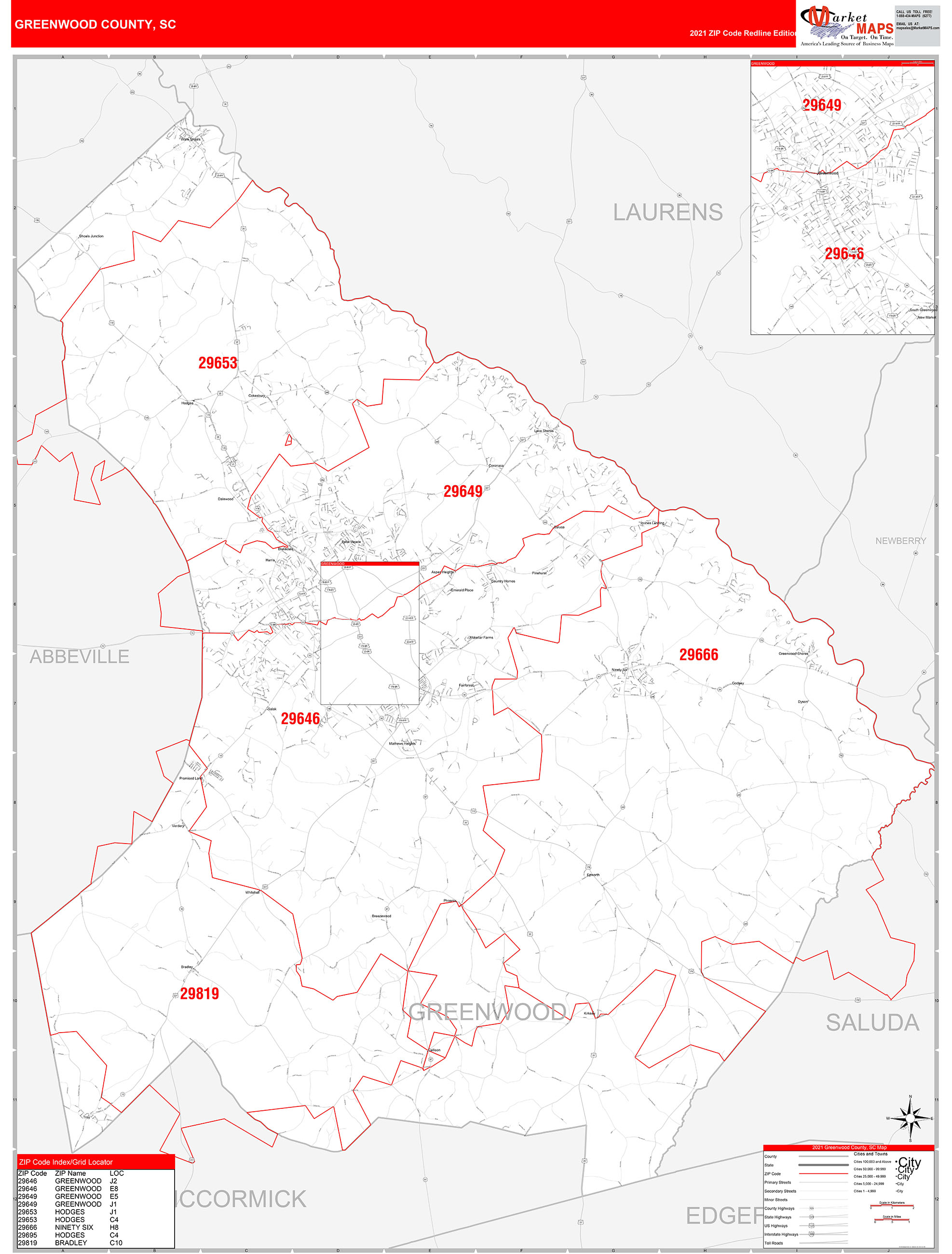 Greenwood County, SC Zip Code Wall Map Red Line Style by MarketMAPS