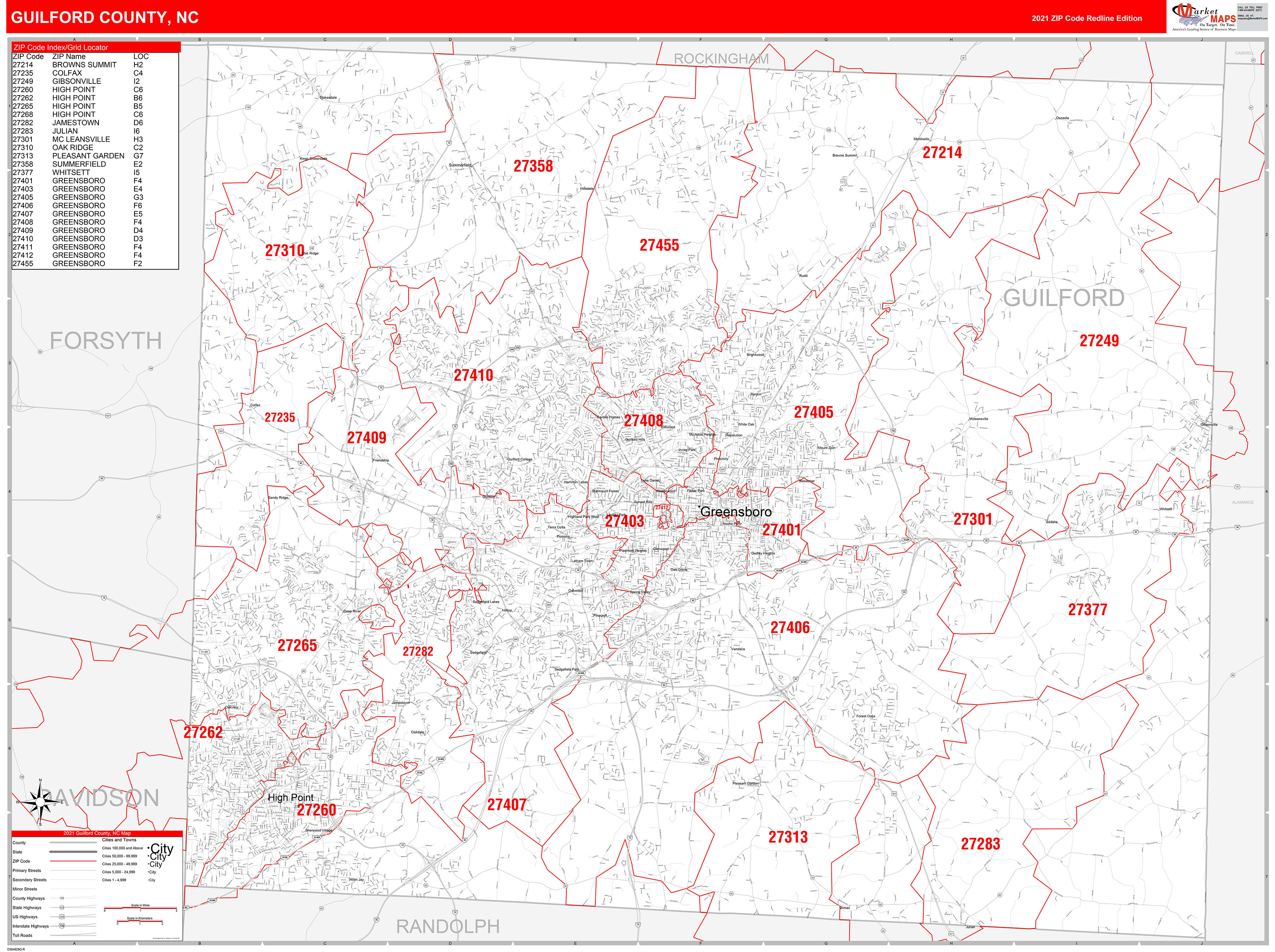 Guilford County, NC Zip Code Wall Map Red Line Style by MarketMAPS ...