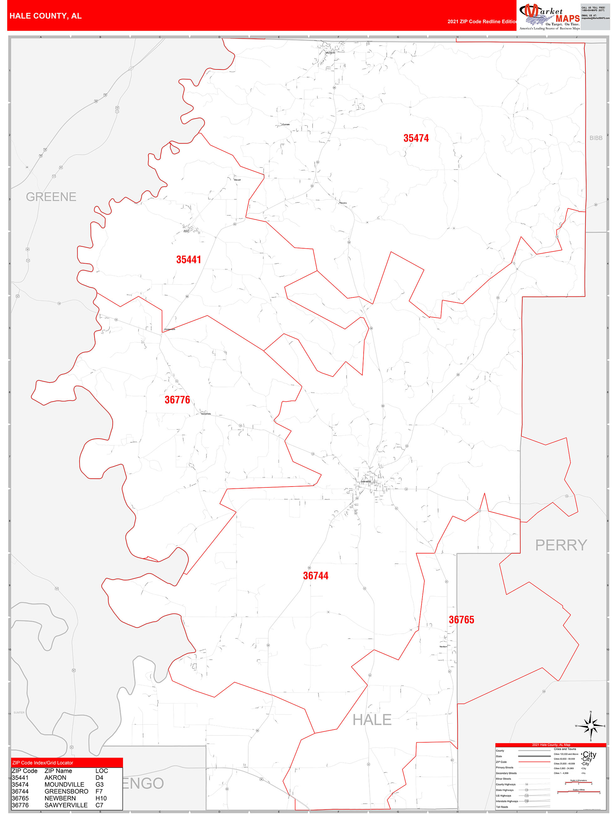 Hale County, AL Zip Code Wall Map Red Line Style by MarketMAPS ...