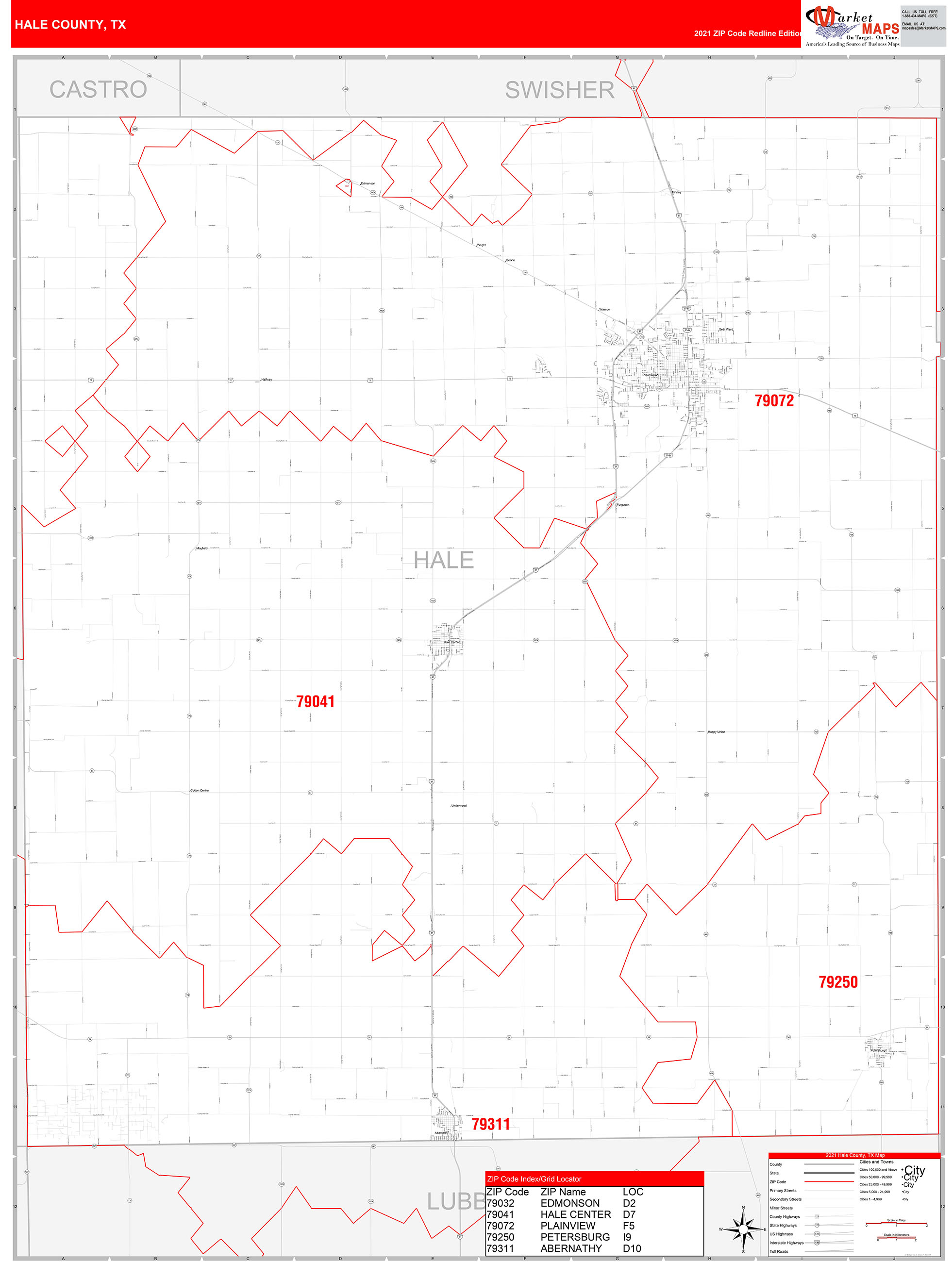 Hale County, TX Zip Code Wall Map Red Line Style by MarketMAPS