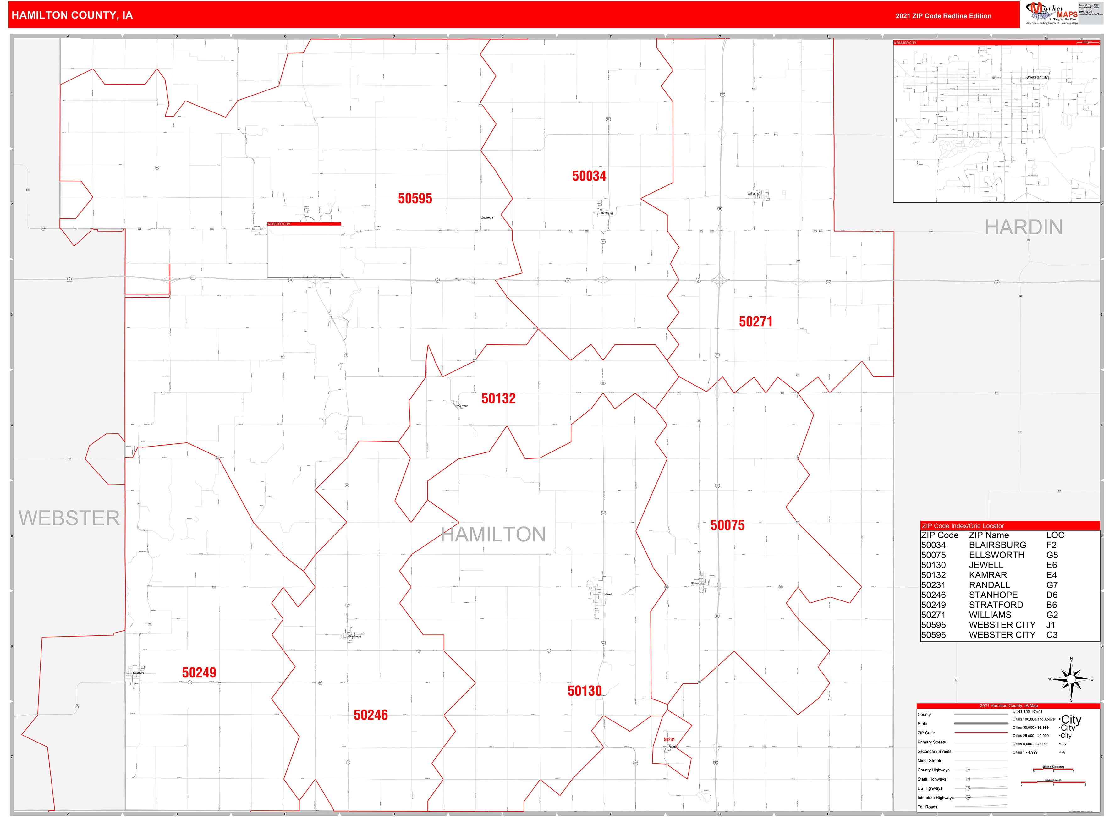 Hamilton County, Ia Zip Code Wall Map Red Line Style By Marketmaps 