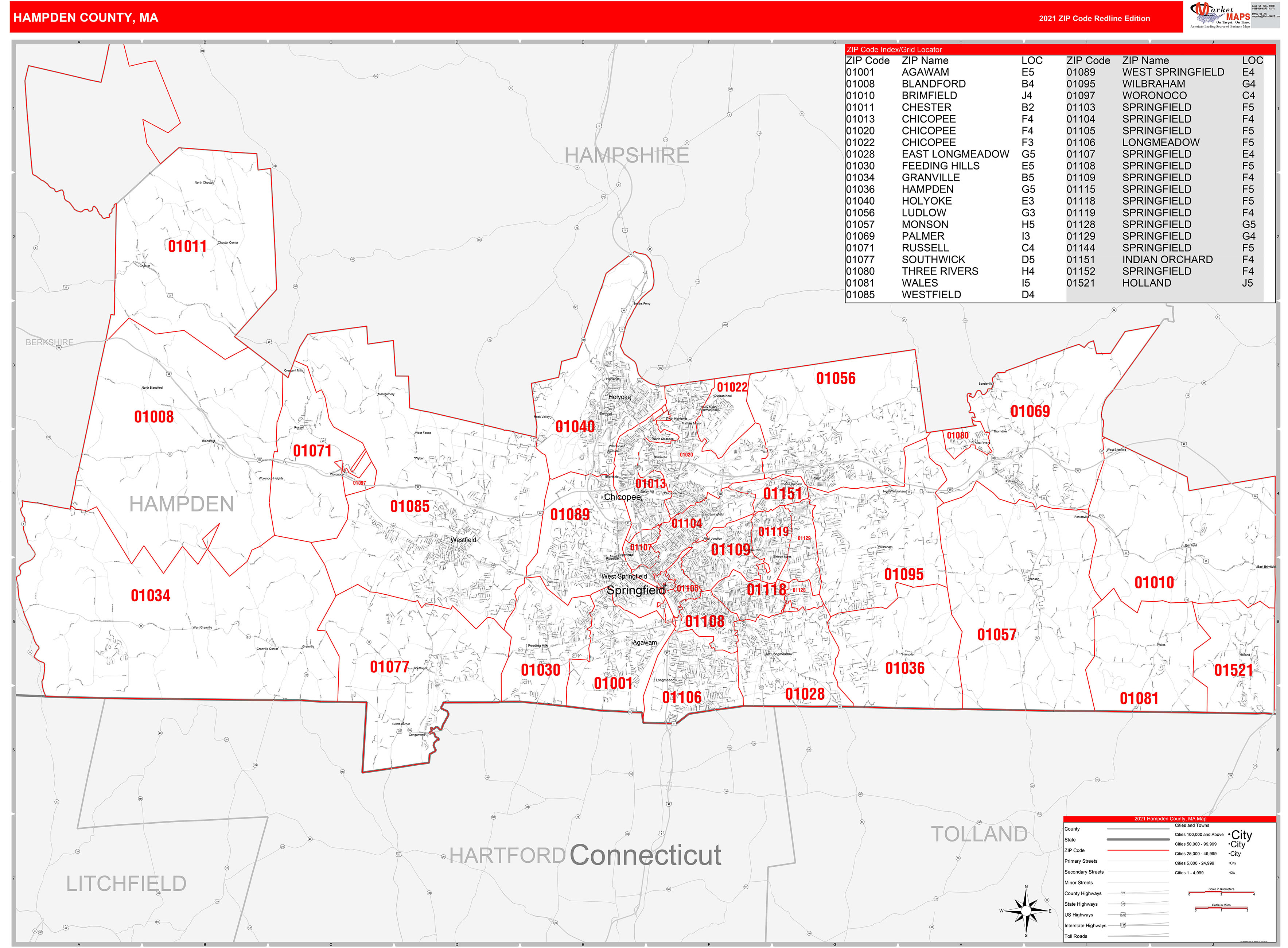 Hampden County Ma Zip Code Wall Map Red Line Style By Marketmaps Mapsales 8509