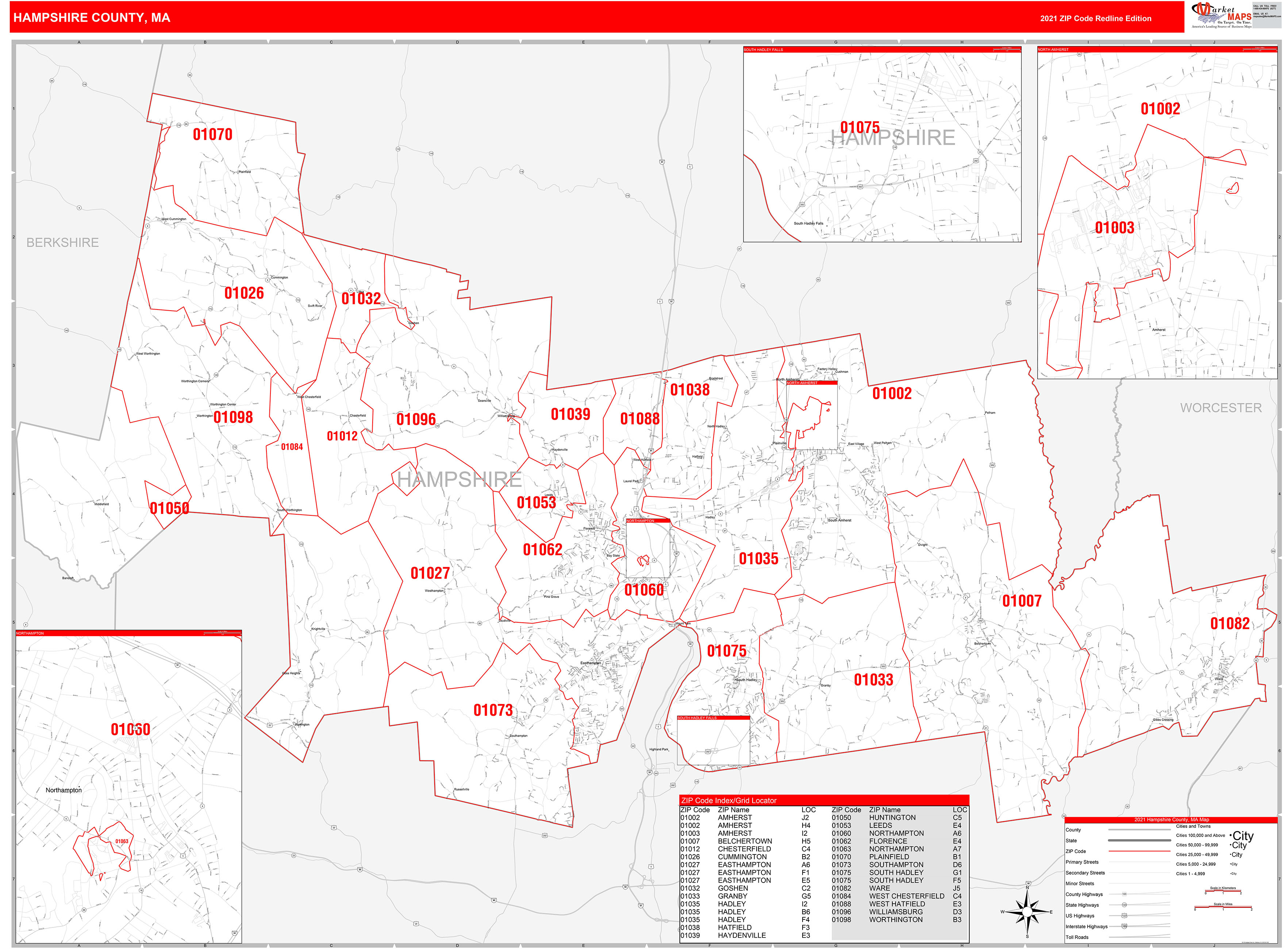 Hampshire County, MA Zip Code Wall Map Red Line Style by MarketMAPS ...