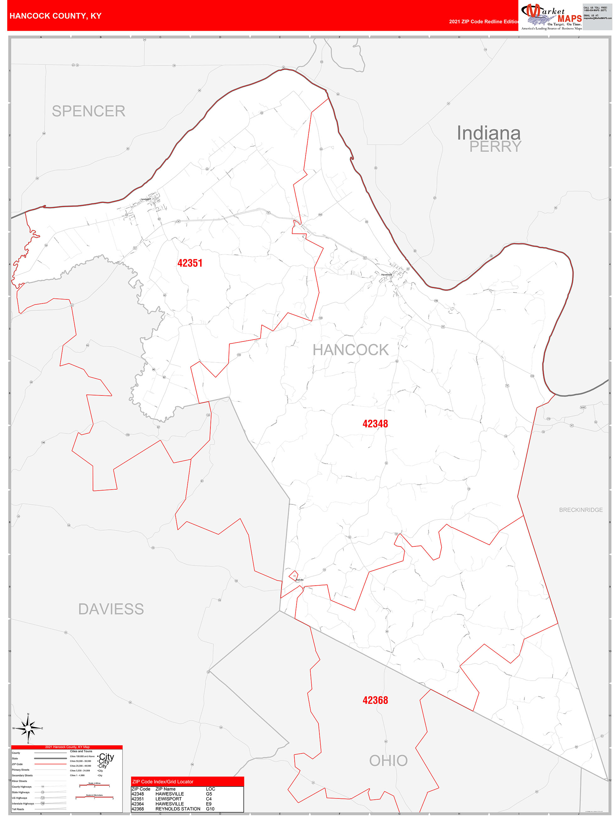 Hancock County, KY Zip Code Wall Map Red Line Style by MarketMAPS ...