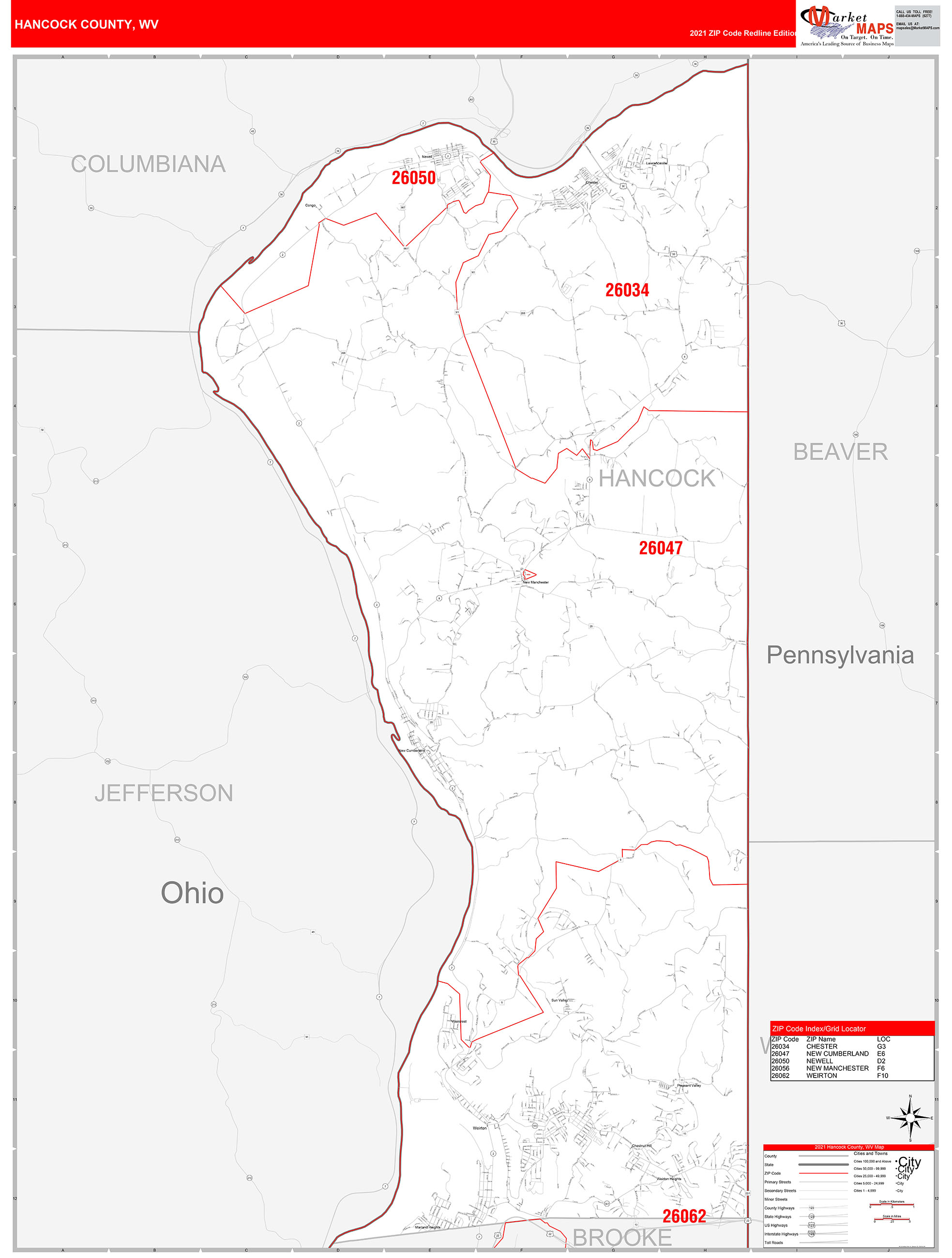 Hancock County Wv Zip Code Wall Map Red Line Style By Marketmaps 5874