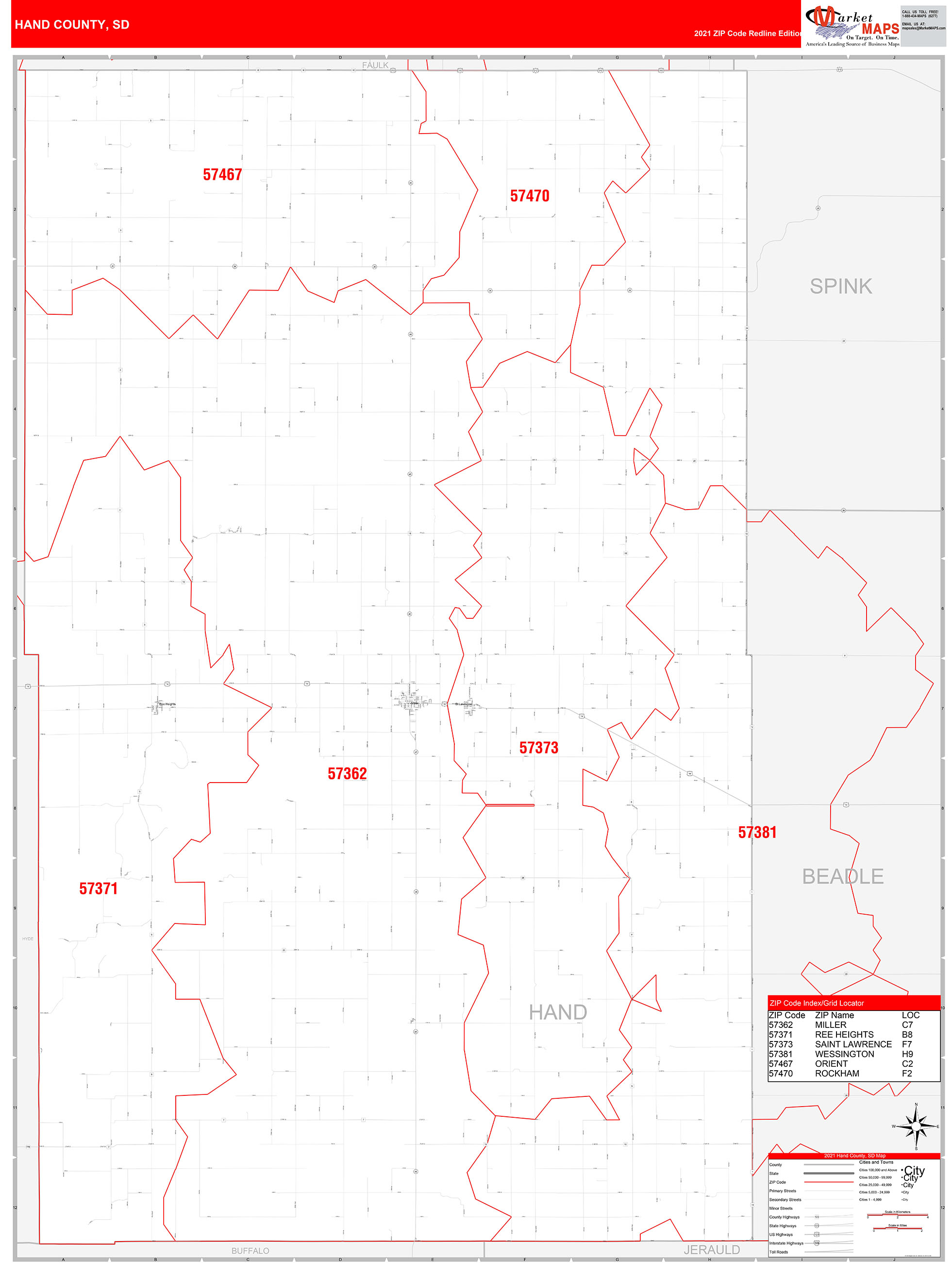 Hand County, SD Zip Code Wall Map Red Line Style by MarketMAPS