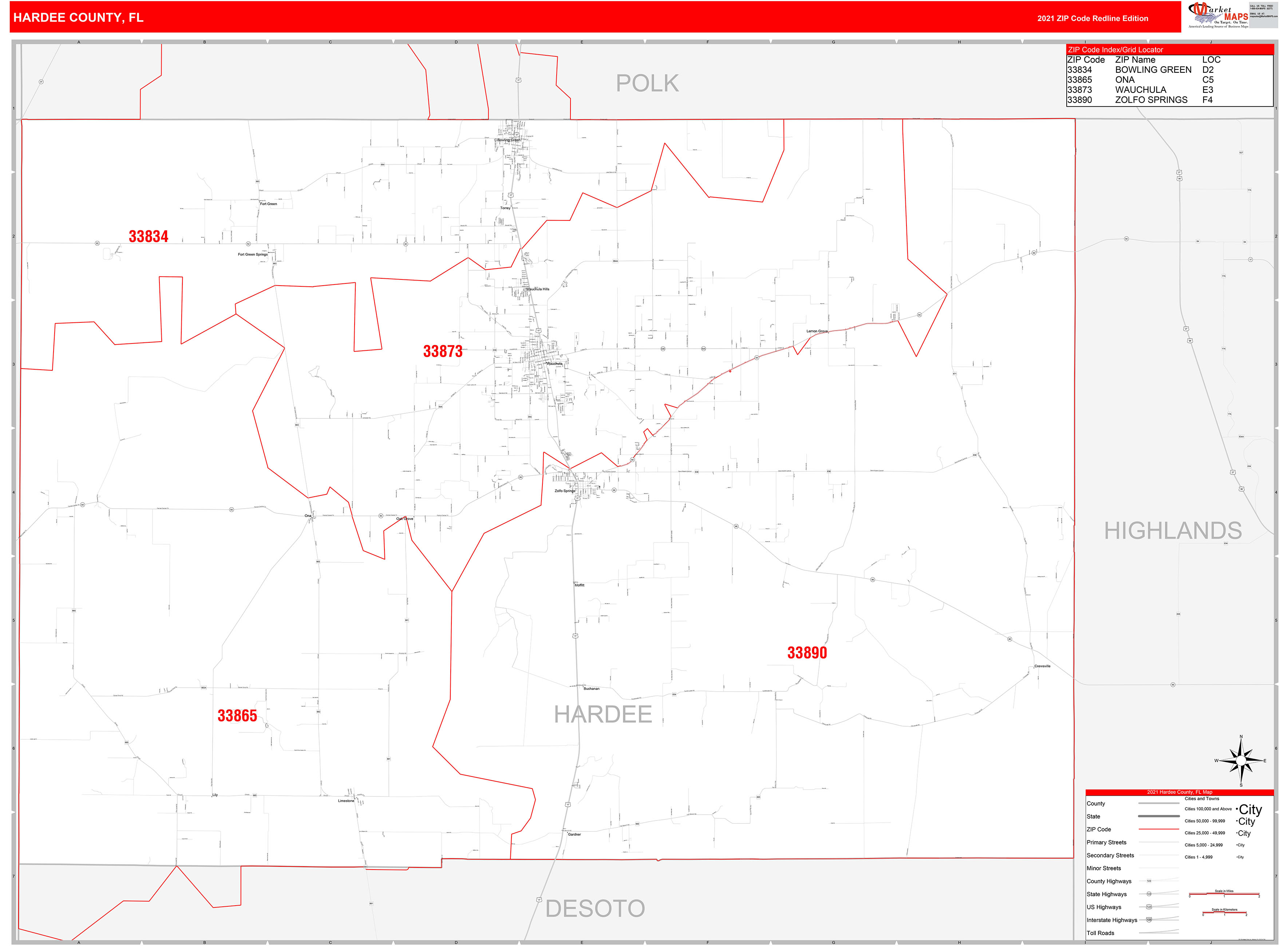 Hardee County, FL Zip Code Wall Map Red Line Style by MarketMAPS - MapSales