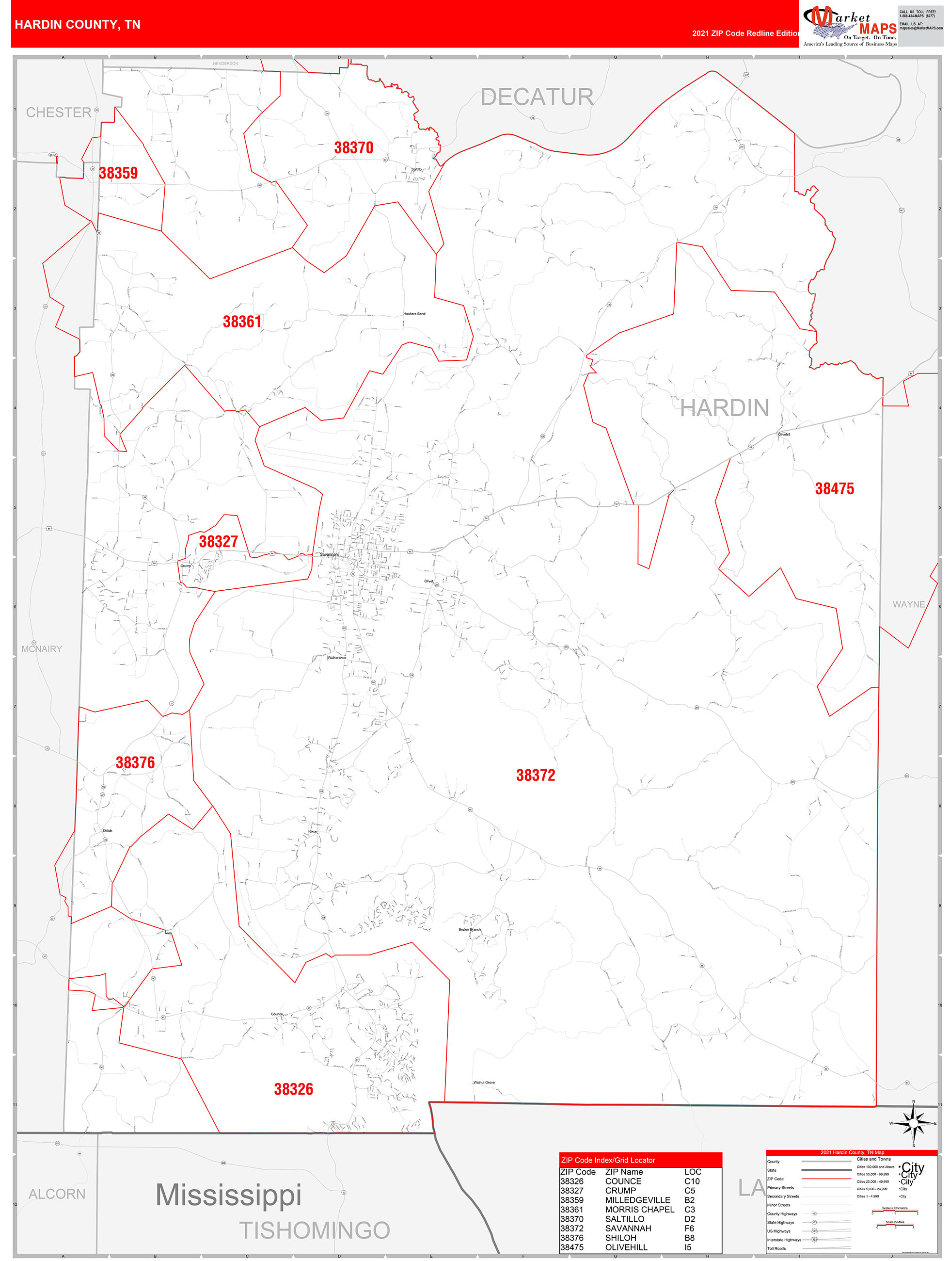 Hardin County, TN Zip Code Wall Map Red Line Style by MarketMAPS ...