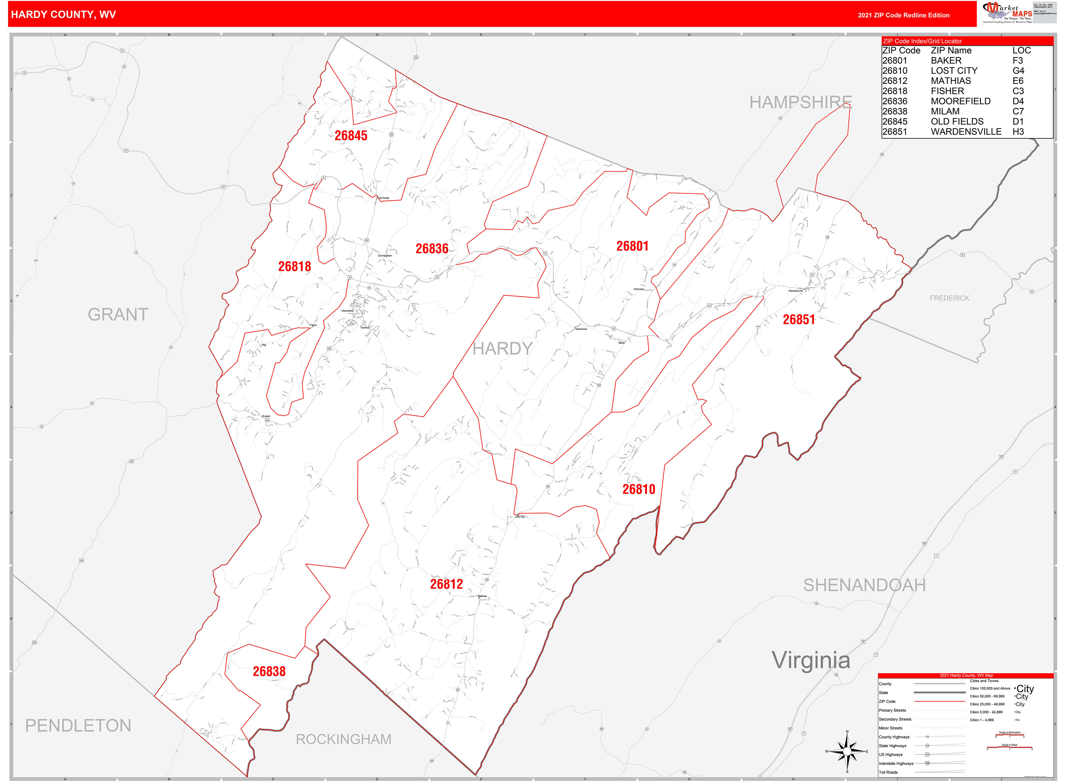 Hardy County WV Zip Code Wall Map Red Line Style by MarketMAPS MapSales