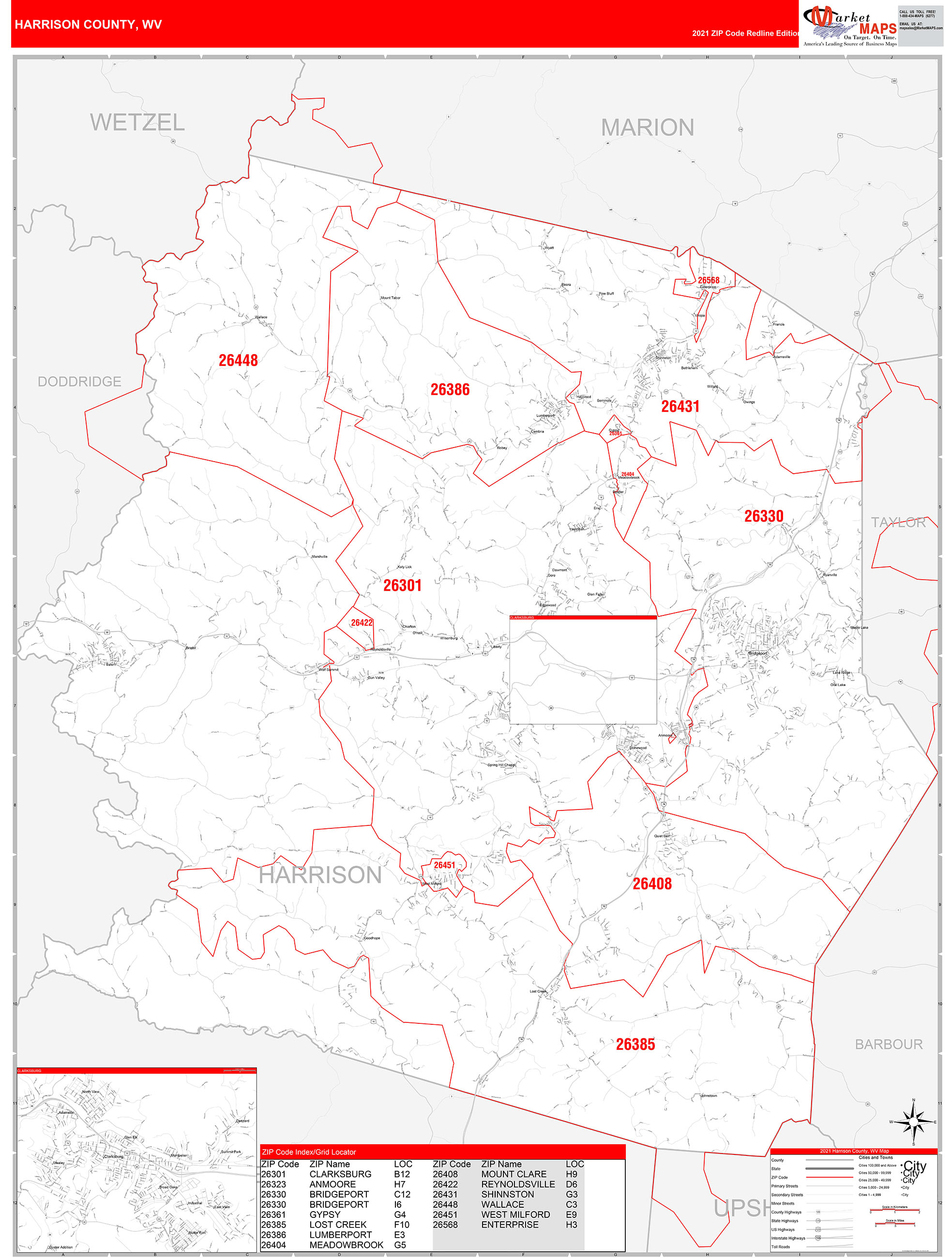 Harrison County, WV Zip Code Wall Map Red Line Style by MarketMAPS ...