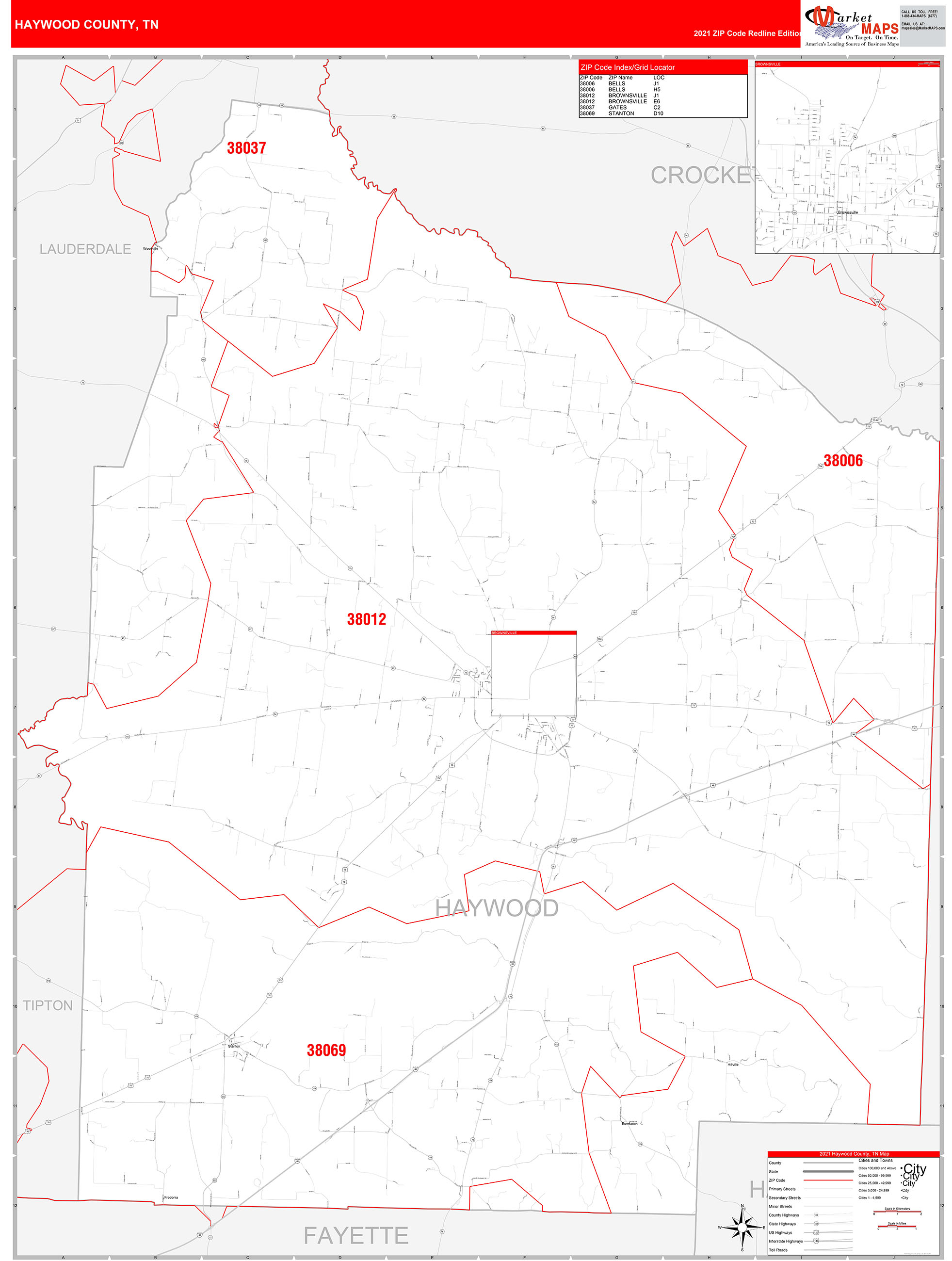 Haywood County, TN Zip Code Wall Map Red Line Style by MarketMAPS ...