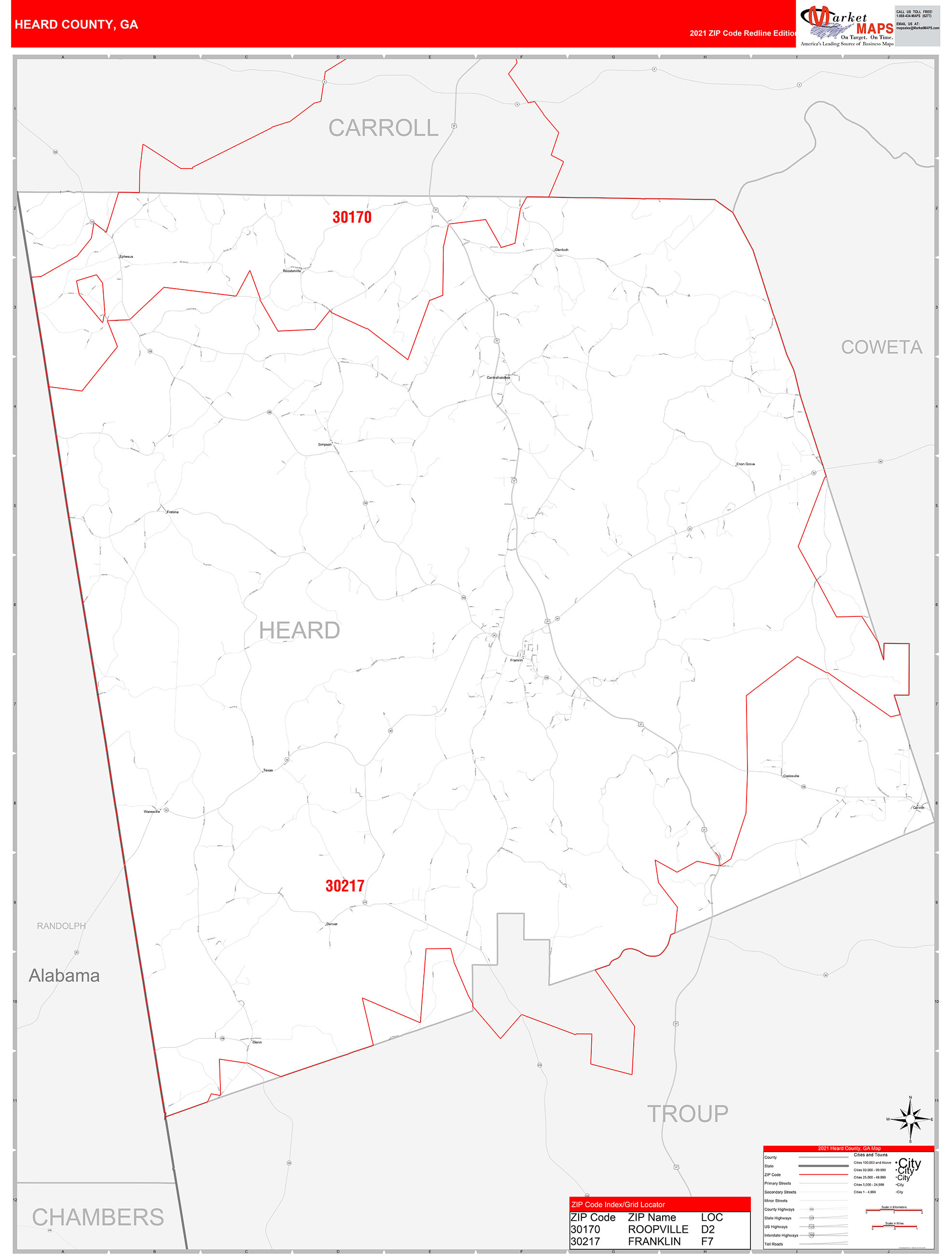 Heard County, GA Zip Code Wall Map Red Line Style by MarketMAPS