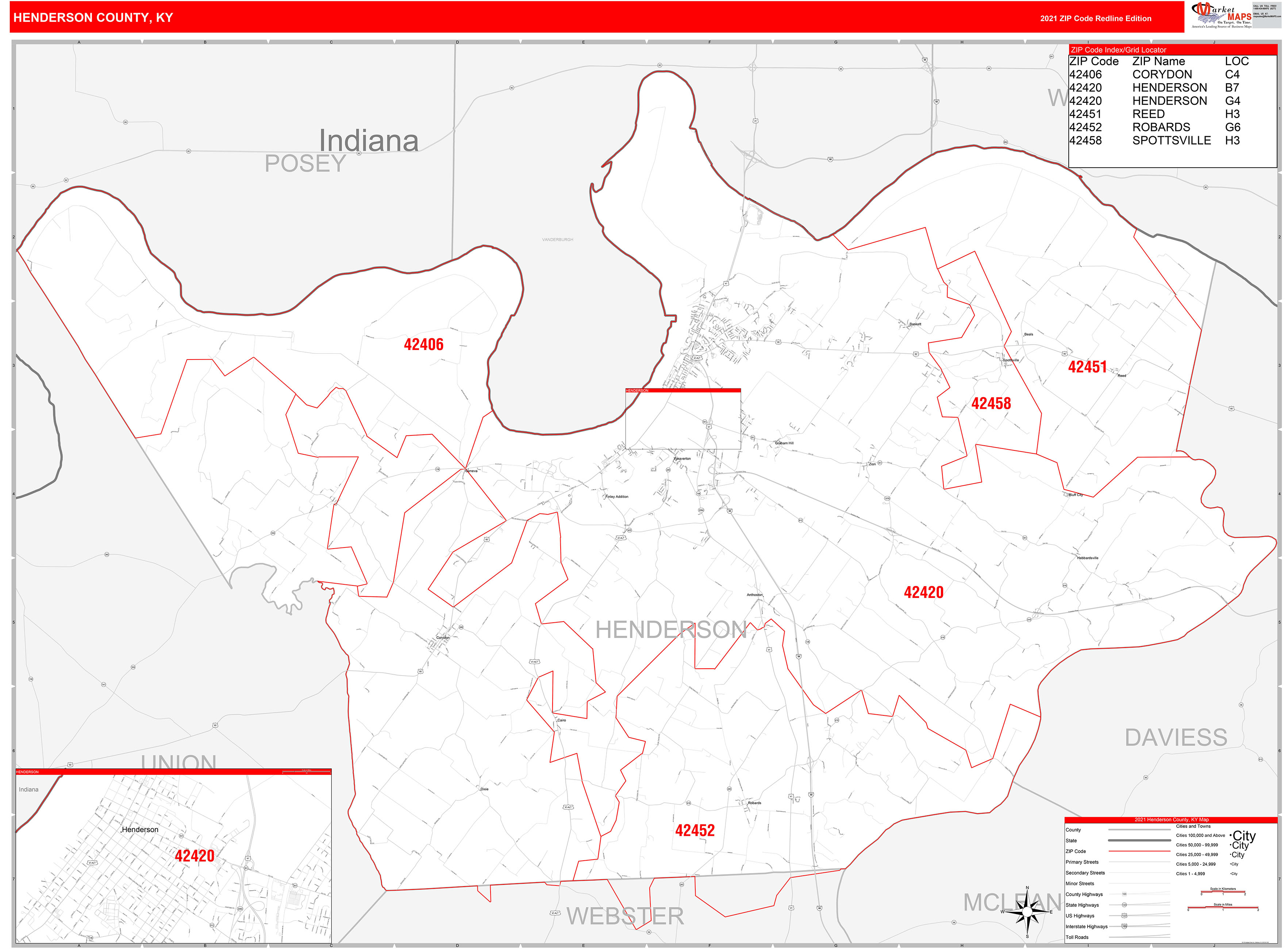 Henderson County, KY Zip Code Wall Map Red Line Style by MarketMAPS