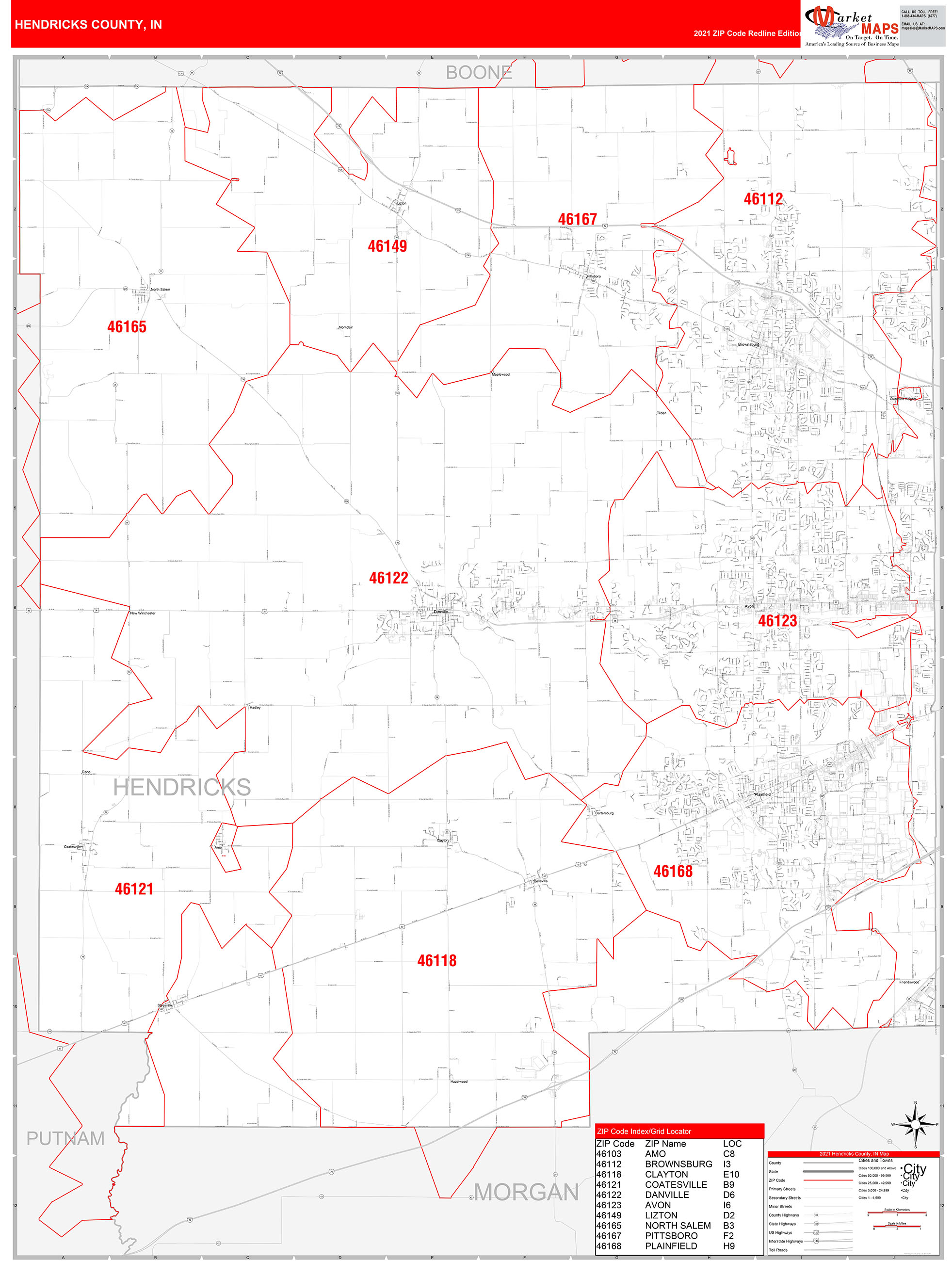 Hendricks County, IN Zip Code Wall Map Red Line Style by MarketMAPS ...