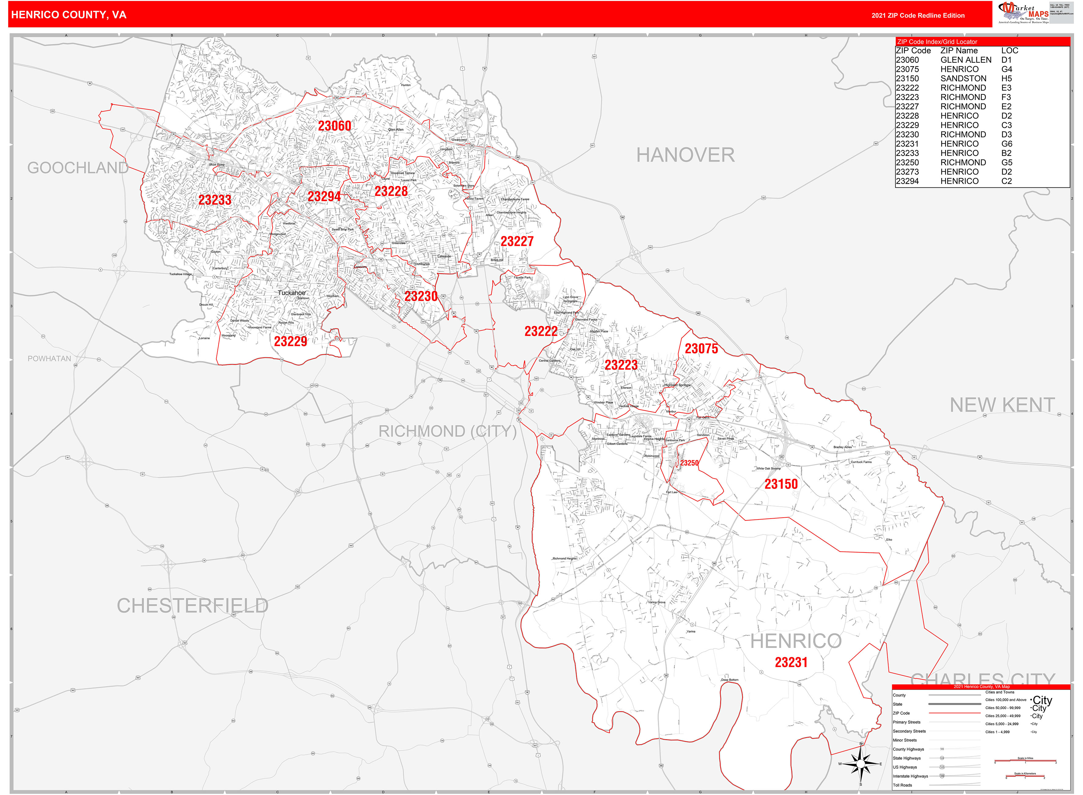 Henrico County, VA Zip Code Wall Map Red Line Style by MarketMAPS ...