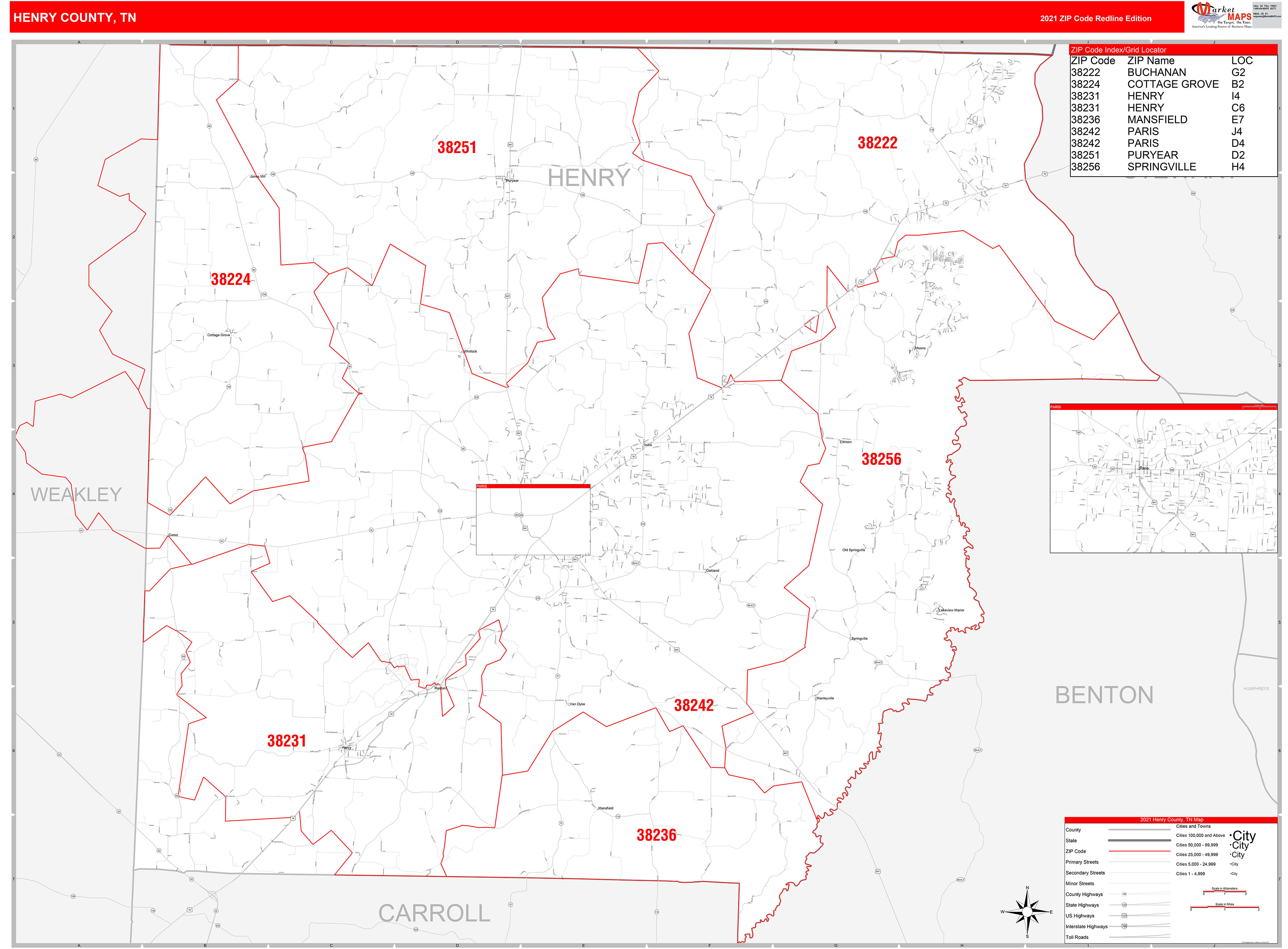 Henry County Tn Zip Code Wall Map Red Line Style By Marketmaps 8160