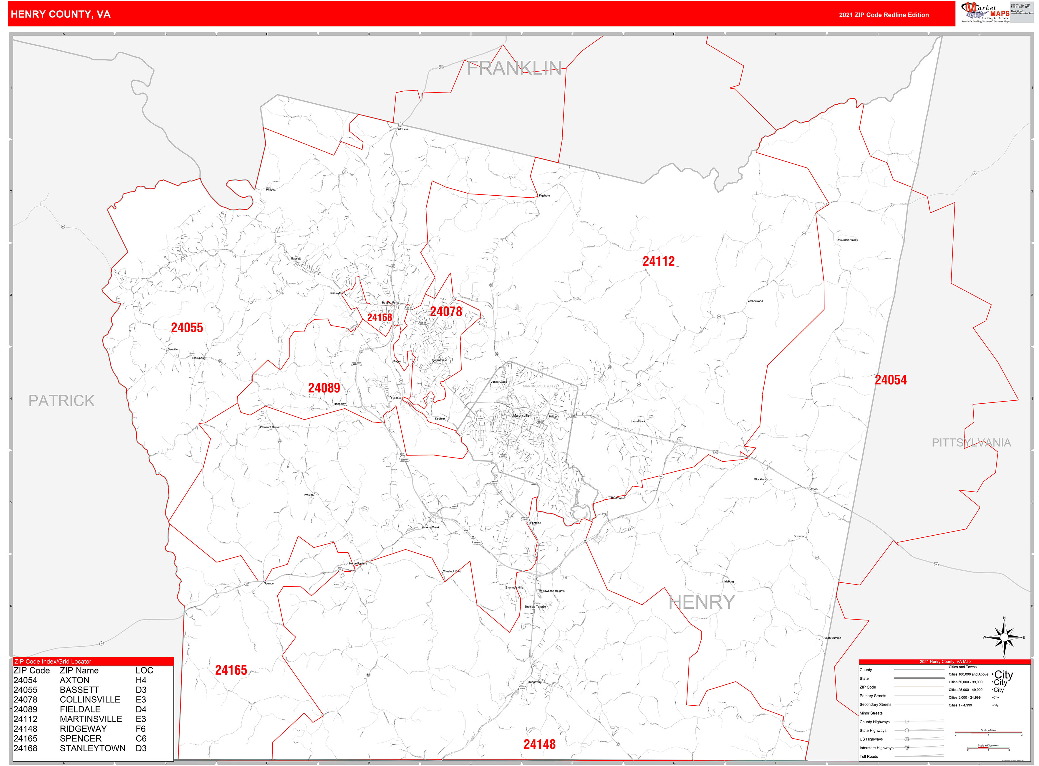 Henry County, VA Zip Code Wall Map Red Line Style by MarketMAPS MapSales