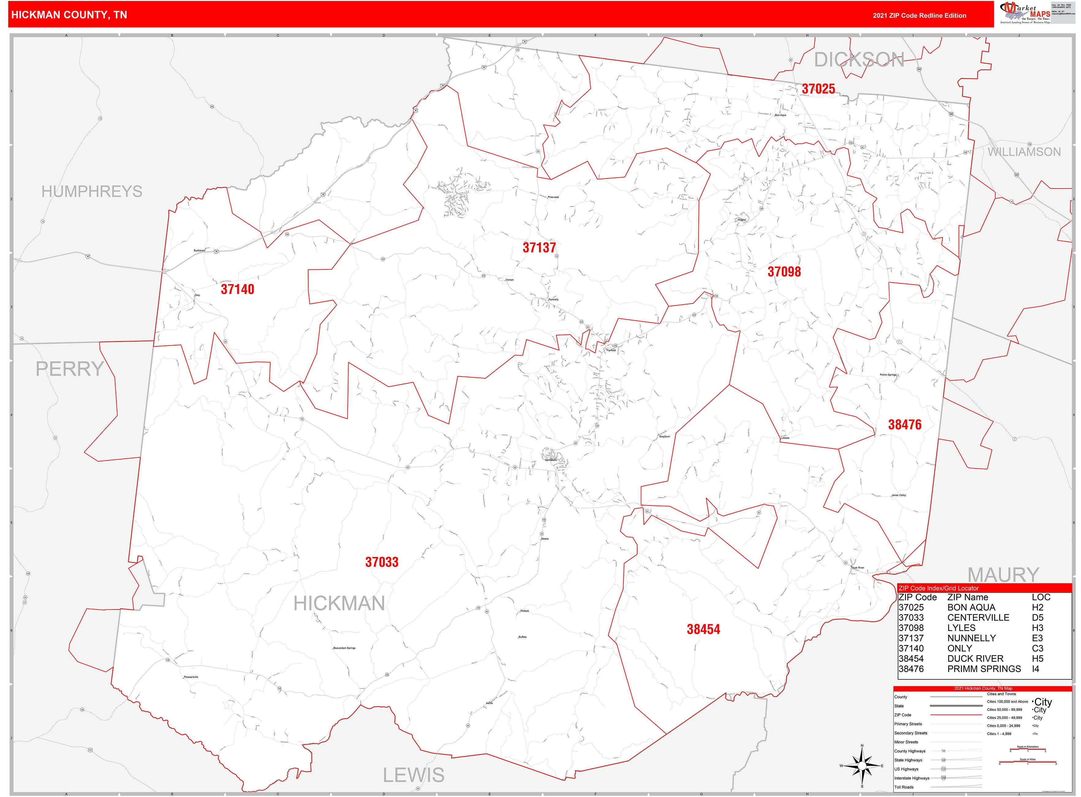 Hickman County, TN Zip Code Wall Map Red Line Style by MarketMAPS ...