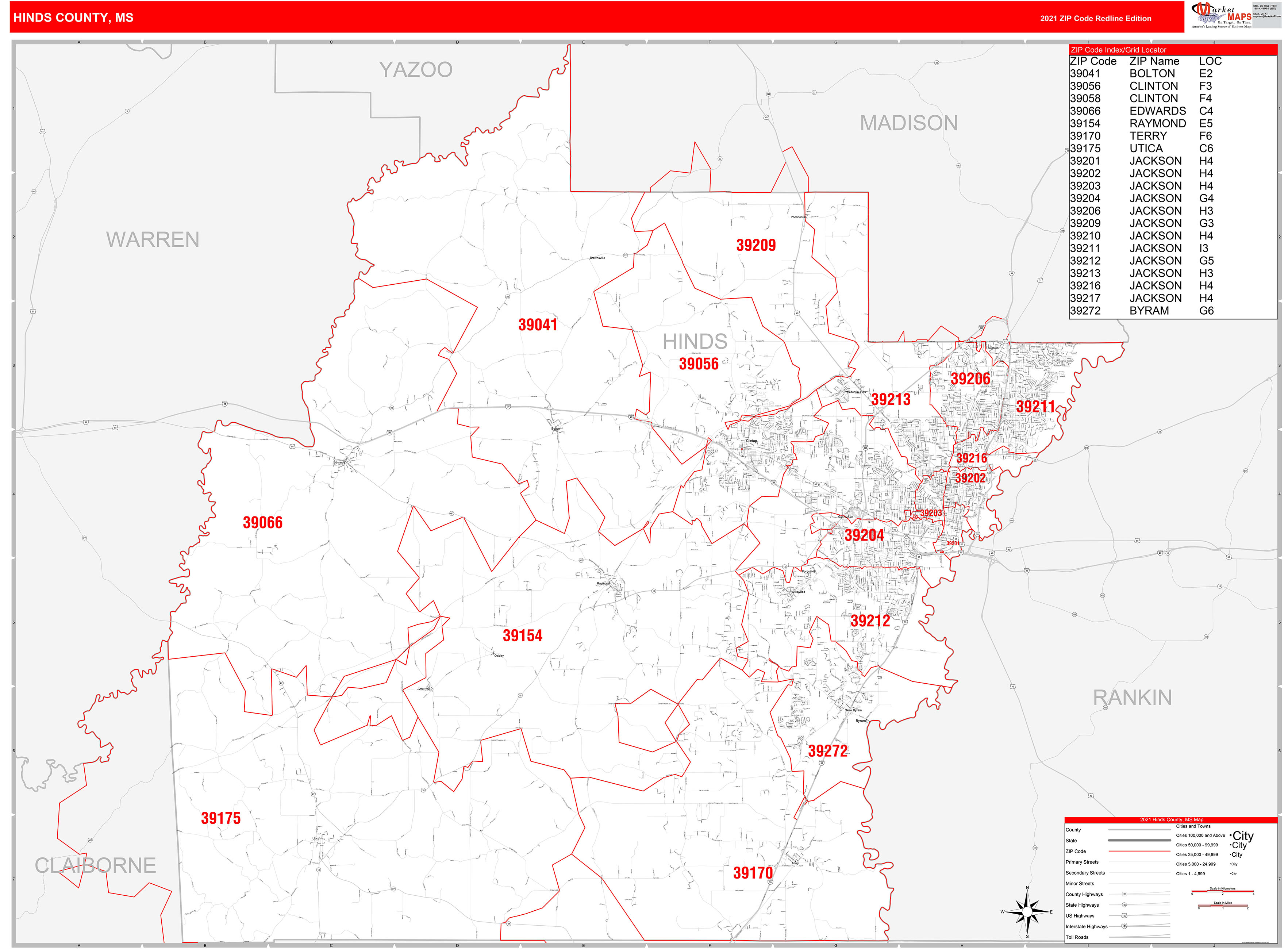 Hinds County Ms Zip Code Wall Map Red Line Style By Marketmaps Mapsales 1919