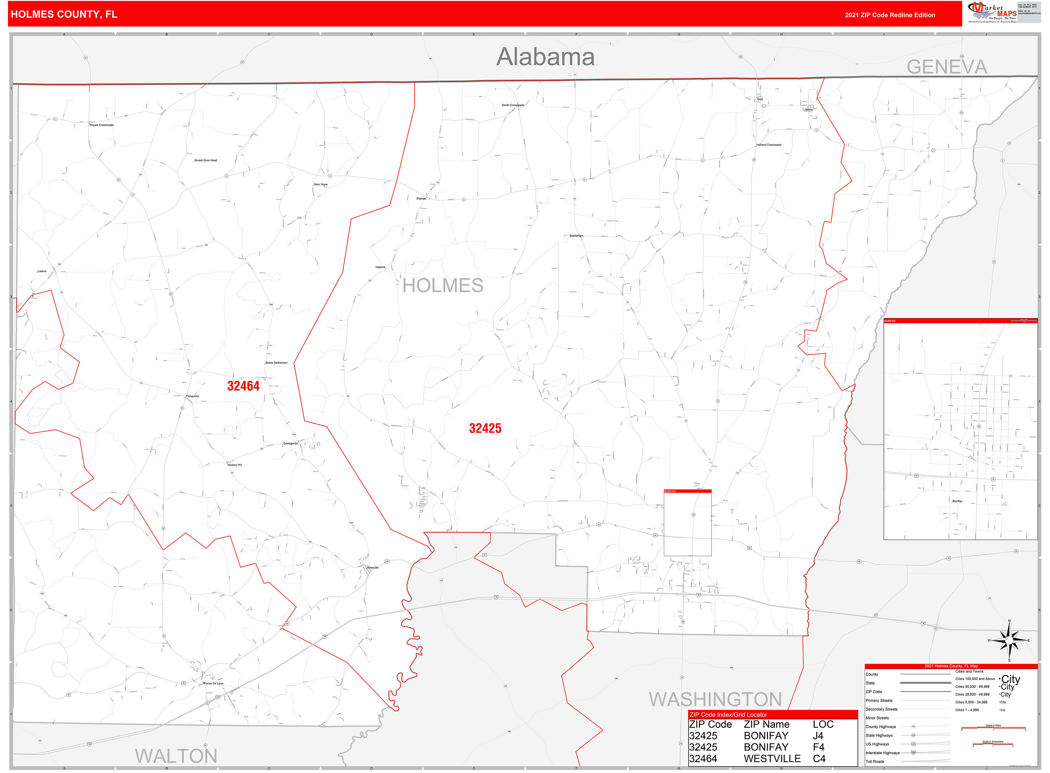 Holmes County, FL Zip Code Wall Map Red Line Style by MarketMAPS - MapSales