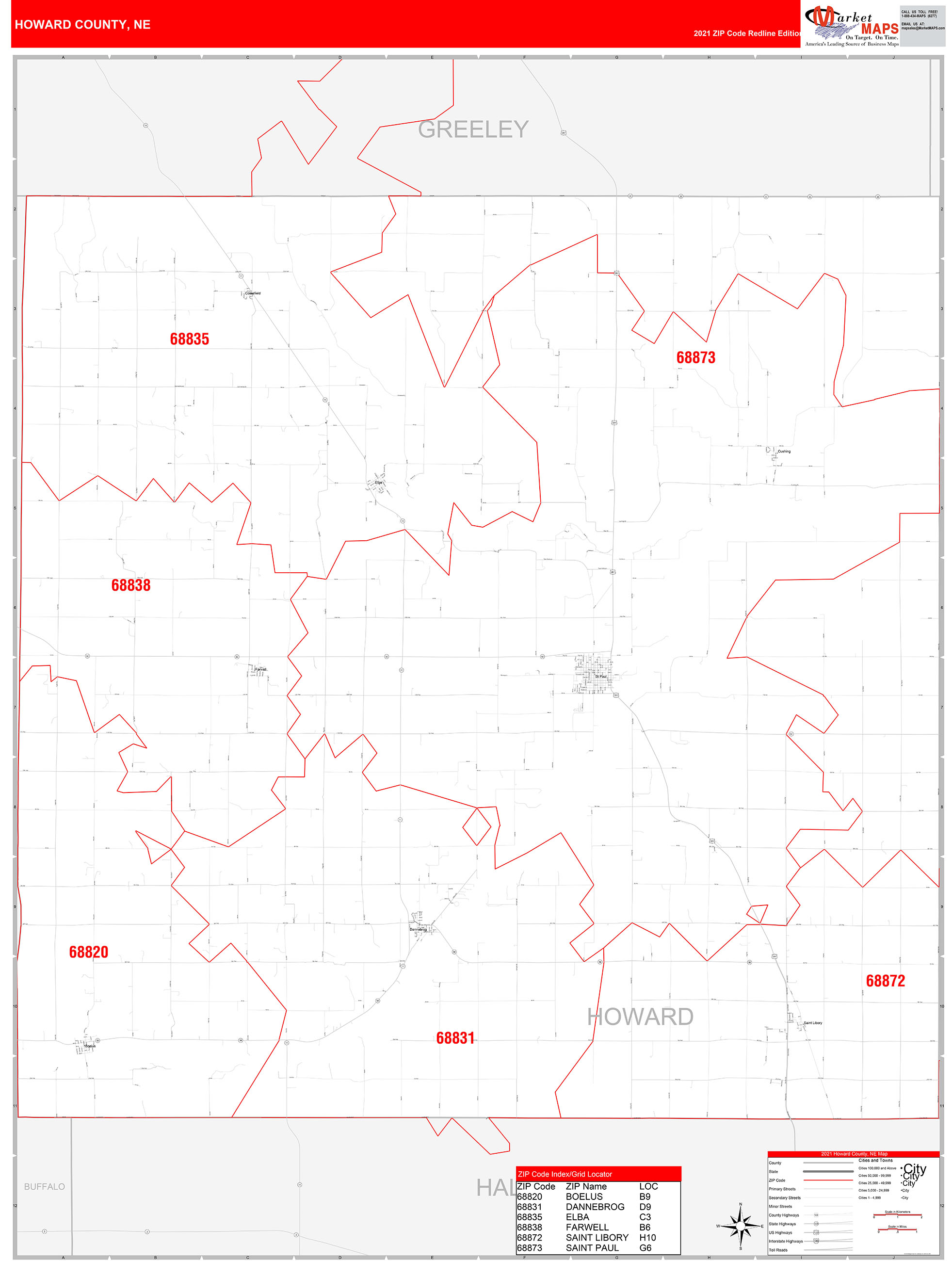 Howard County Ne Zip Code Wall Map Red Line Style By Marketmaps 4780