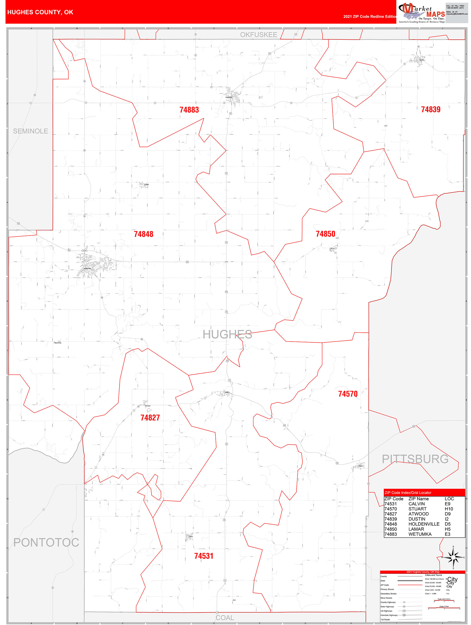 Hughes County, OK Zip Code Wall Map Red Line Style by MarketMAPS